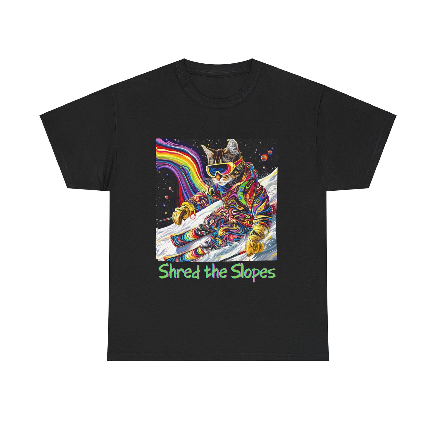 Shred the Slopes - Ski, Snow, Snowboard Winter Sports Cat Cat Art Graphic Tee, Ski Gift - Cool Cats Unisex Heavy Cotton Tee T-Shirt