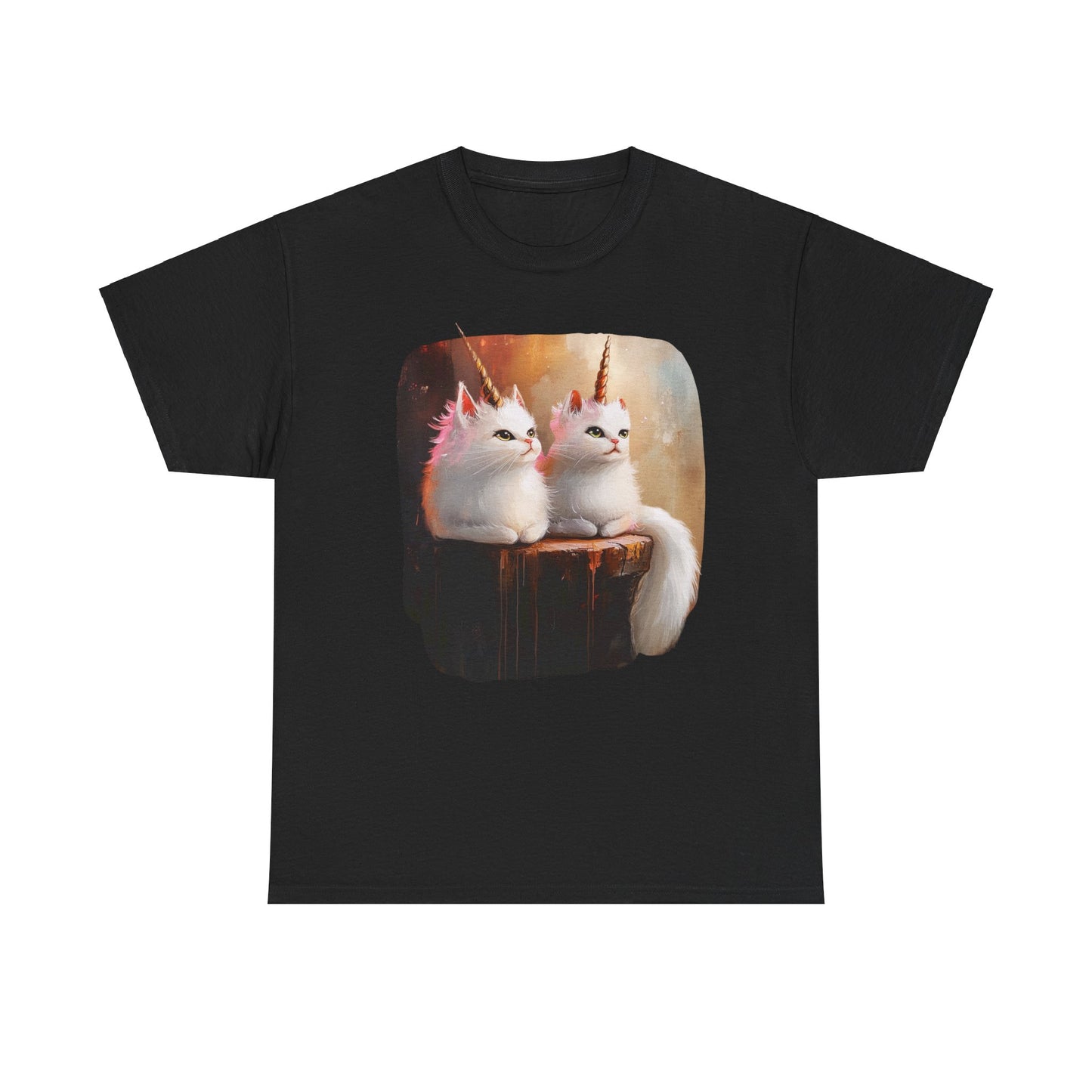 Fluffy White Kawaii Unicorn Cat Graphic Tee - Cat Unicorn Mythical Creature Gift Unisex Adult Size Heavy Cotton Tee T-Shirt