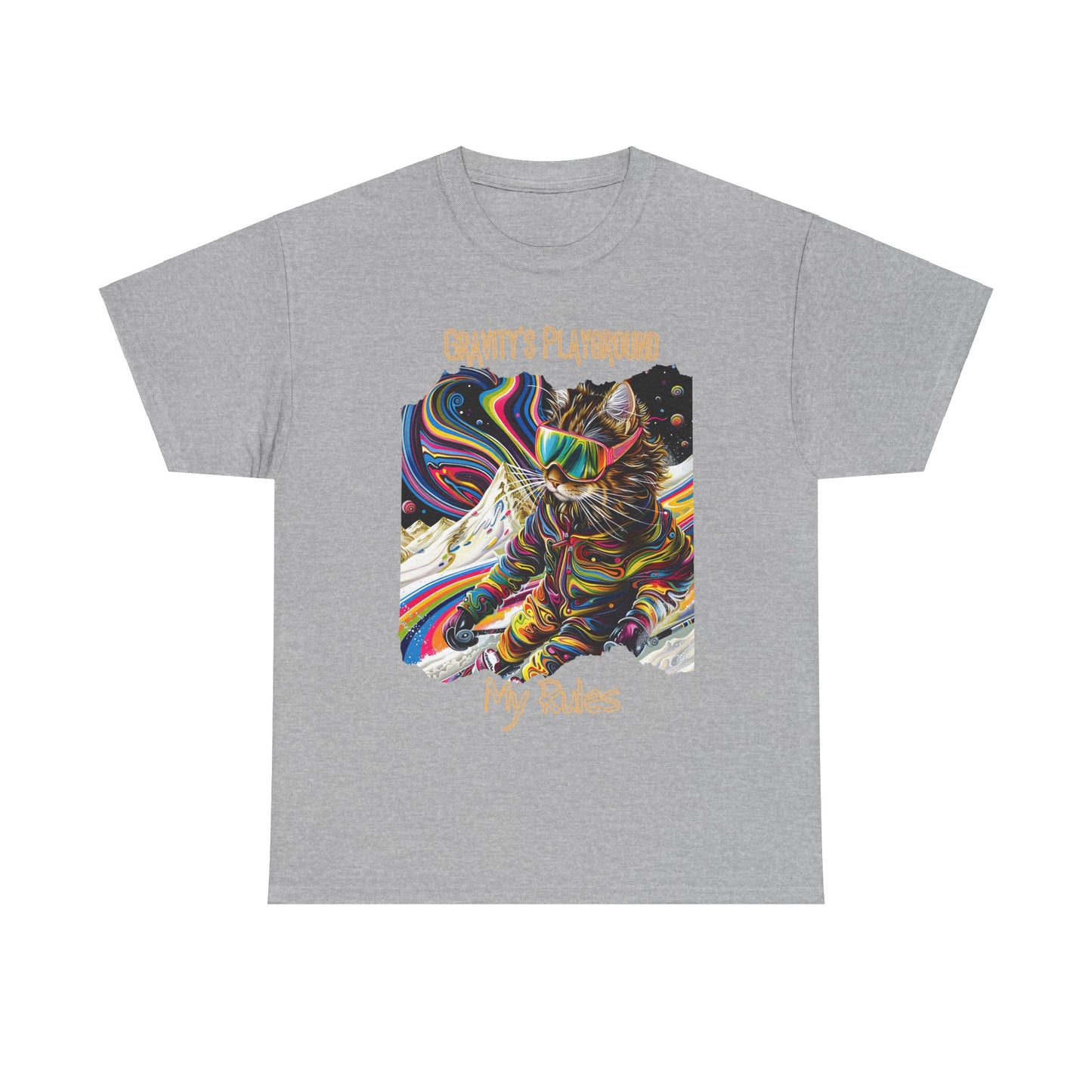 Gravity's Playground, MY Rules - Ski, Snow, Snowboard Winter Sports Cat (V2) Cat Art Gift -Cool Cats Graphic Tee Unisex Heavy Cotton Tee T-Shirt