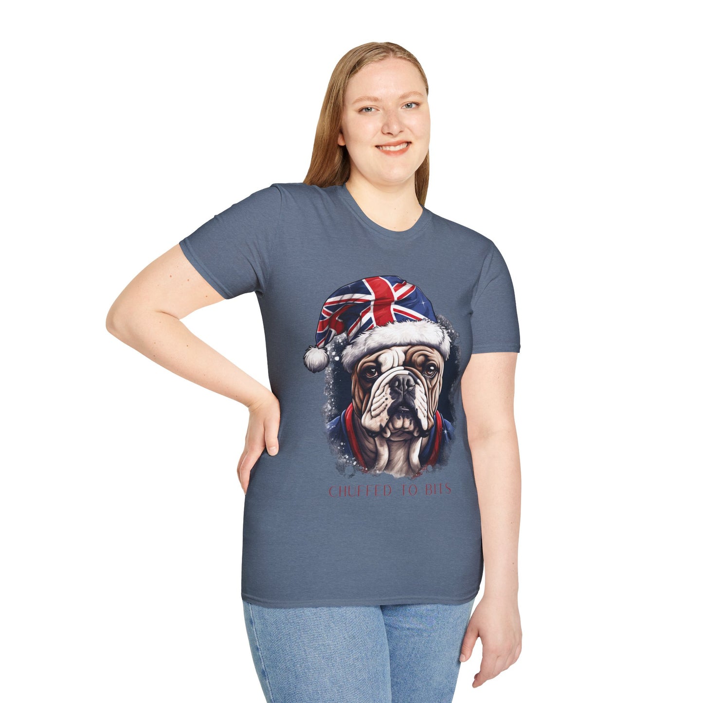 English Bulldog, Chuffed To Bits T-Shirt, British Union Jack, Mens Womans Unisex Shirt Softstyle T-Shirt Teeshirt Anglophile