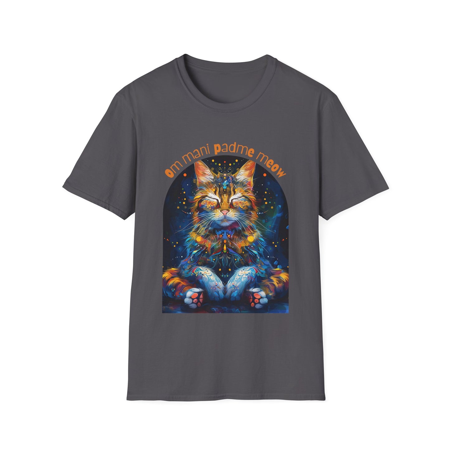 Om Mani Padme Meow (Ver 3) - Meditating Cat Shirt, Cat Lover's Graphic Tee Graphic Unisex T- Shirt, T-Shirt Cat Lovers Gift Softstyle T-Shirt Tee Teeshirt Stylized Cat