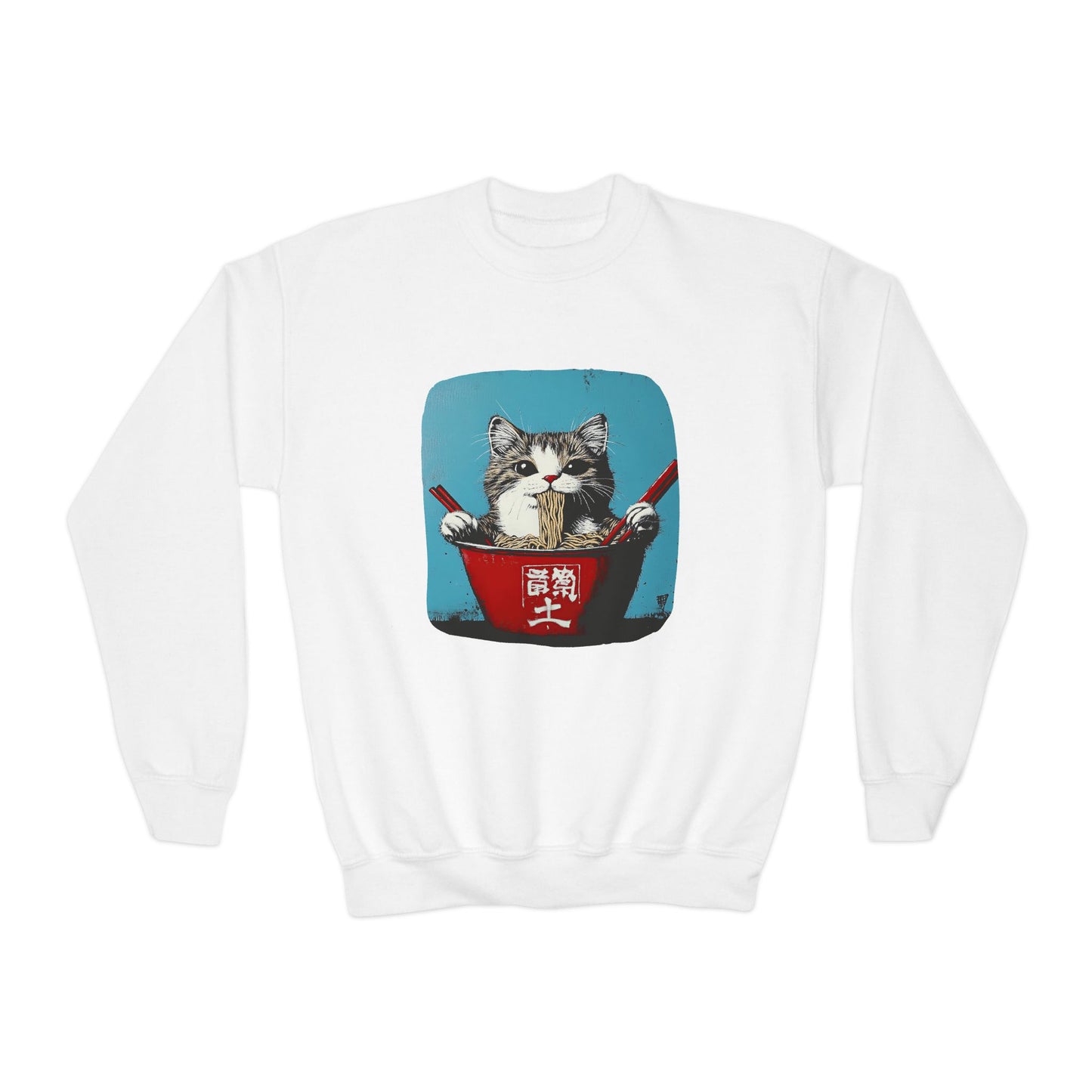Ramen Bowl Cats for Kids Sweatshirt - Hungry Noodle Kitty Cat Youth Crewneck Sweatshirt -Christmas Cat Gift