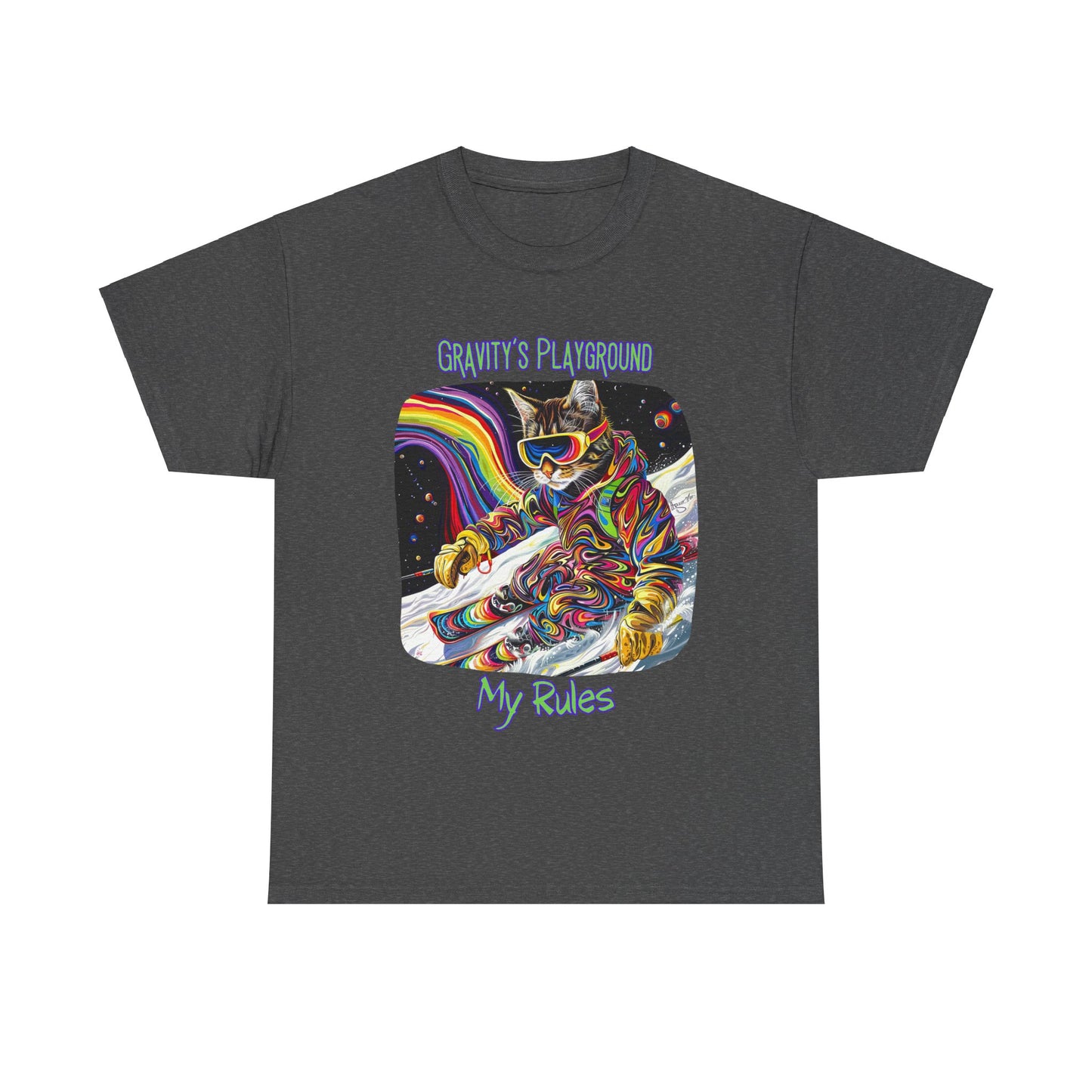 Gravity's Playground, My Rules - Ski, Snow, Snowboard Winter Sports Cat - Cat Graphic Tee Art Gift - Cool Cats Unisex Heavy Cotton Tee T-Shirt