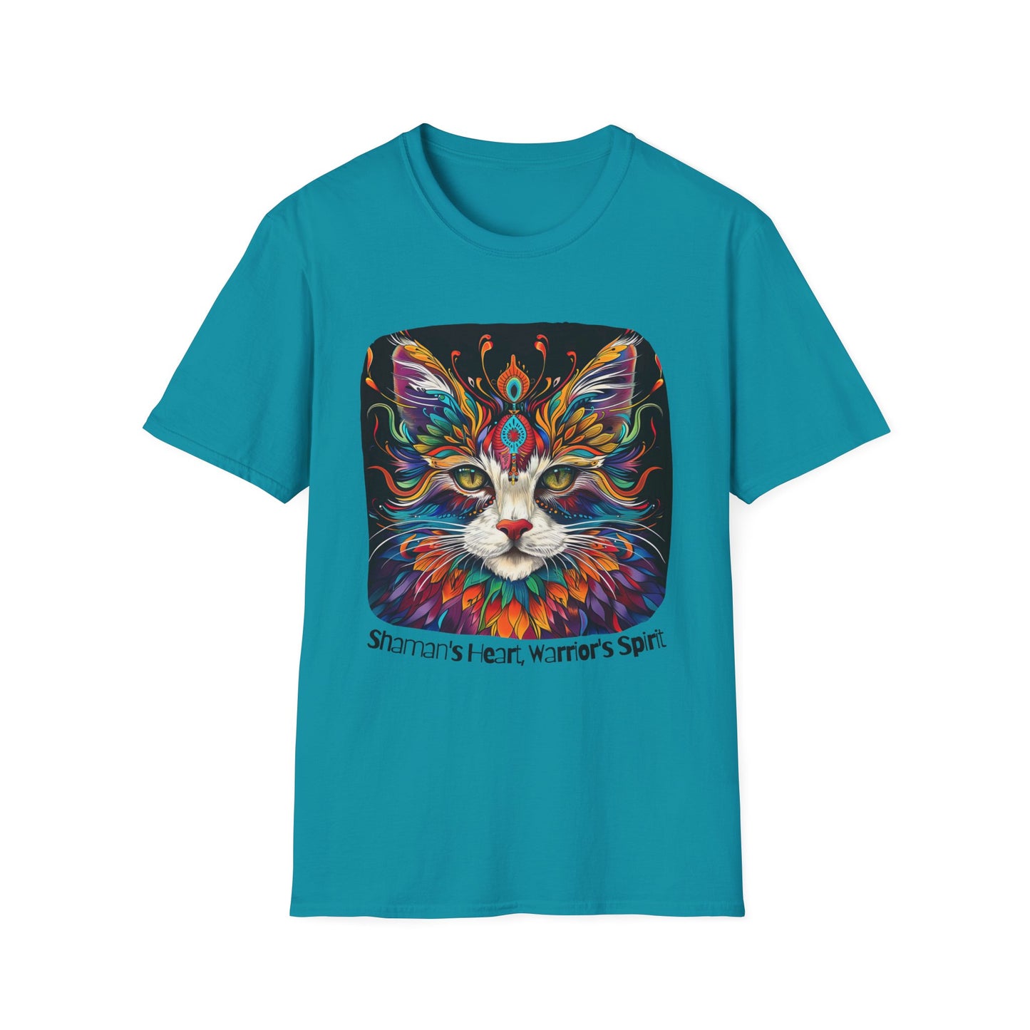 Shaman's Heart, Warrior's Spirit Graphic Cat Tee, Cat Lover's Graphic Tee Graphic Unisex T- Shirt, T-Shirt Cat Lovers Gift Softstyle T-Shirt Tee Teeshirt Stylized Cat