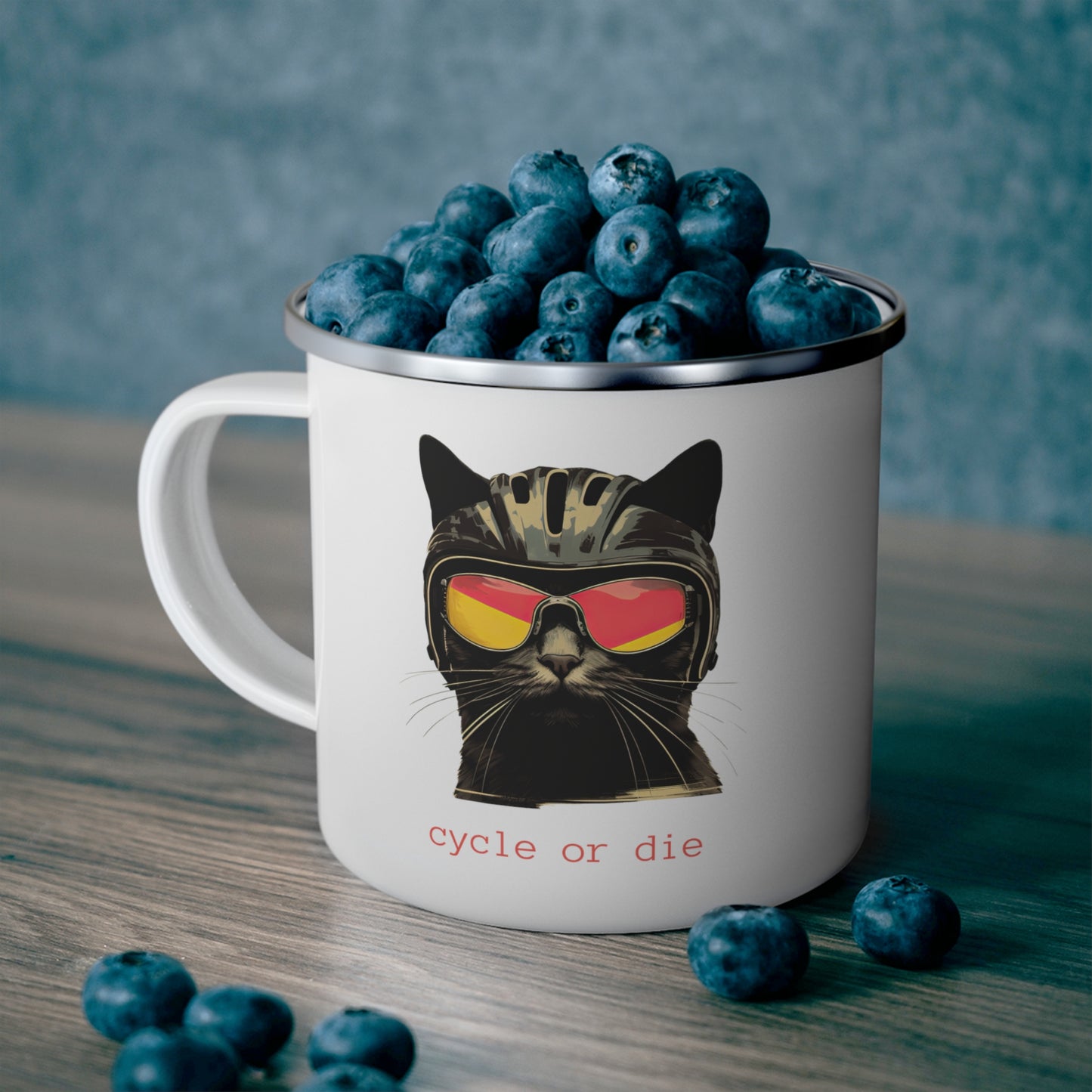 Cycle or Die, Cycling Cup, Cat and Bicycle Lovers, Cat in a Bicycle Helmet, Cycling Cat Gift, Enamel Camping Mug