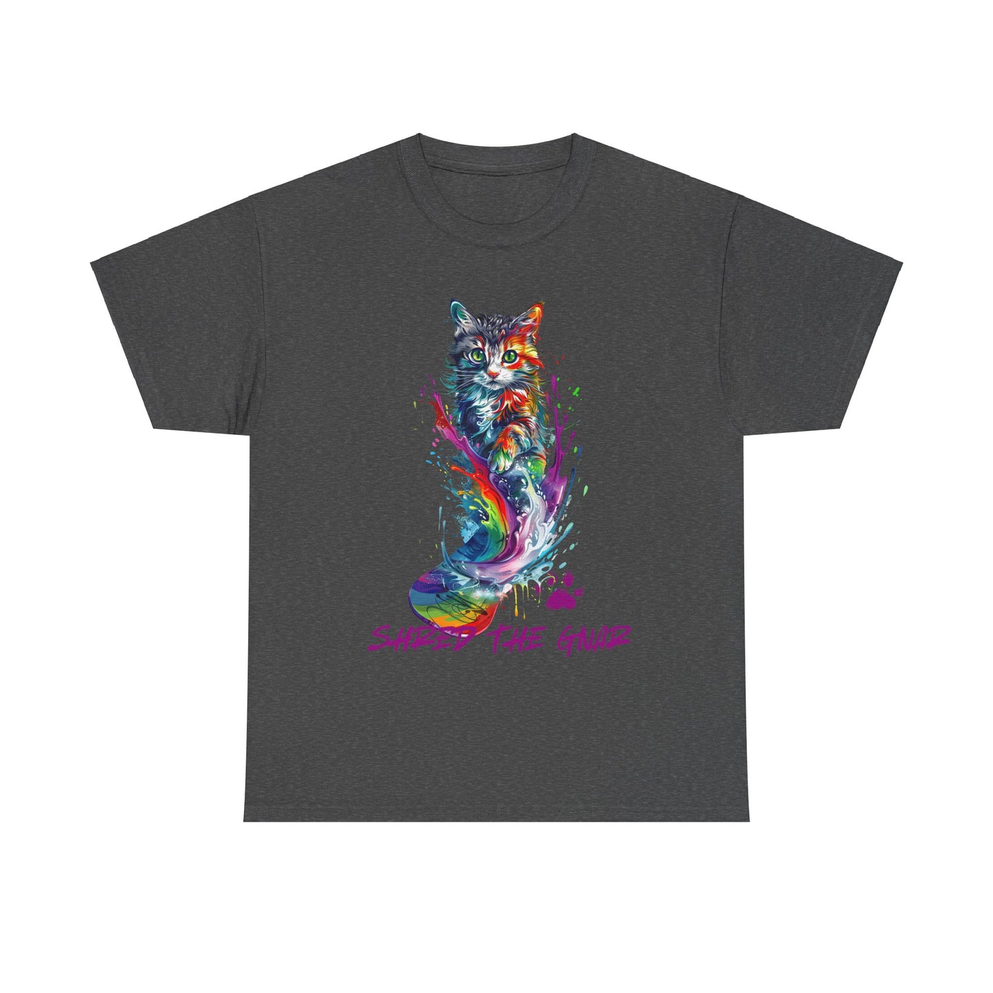 Shred the Gnar Snowboard Cat Graphic Tee, Winter Cat Art Gift - Cool Cats Unisex Heavy Cotton Tee T-Shirt
