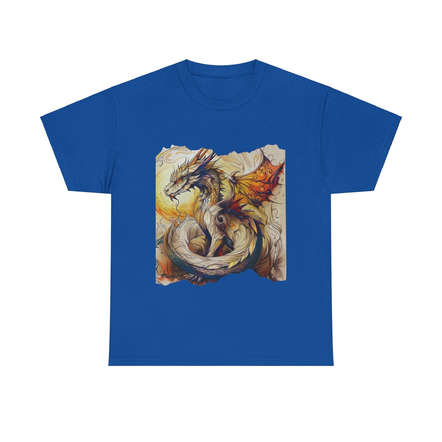 Dragons Yellow Sun Graphic Tee - Dragons and Ancestors - Dragon Lovers Unisex Heavy Cotton Tee T-Shirt
