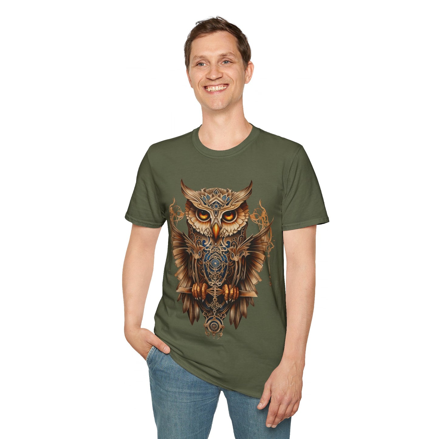 Art Deco Style Owl, Golden Owl Shirt, 1920's Steampunk Owl Christmas Gift Unisex Tee Shirt, T-Shirt Softstyle T-Shirt Tee Teeshirt