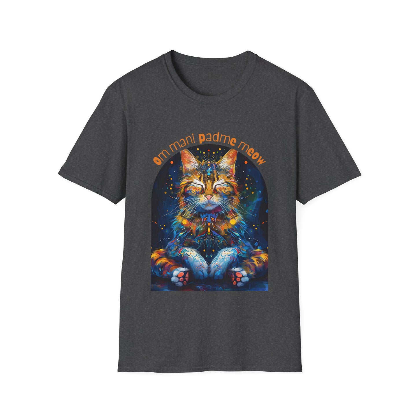 Om Mani Padme Meow (Ver 3) - Meditating Cat Shirt, Cat Lover's Graphic Tee Graphic Unisex T- Shirt, T-Shirt Cat Lovers Gift Softstyle T-Shirt Tee Teeshirt Stylized Cat