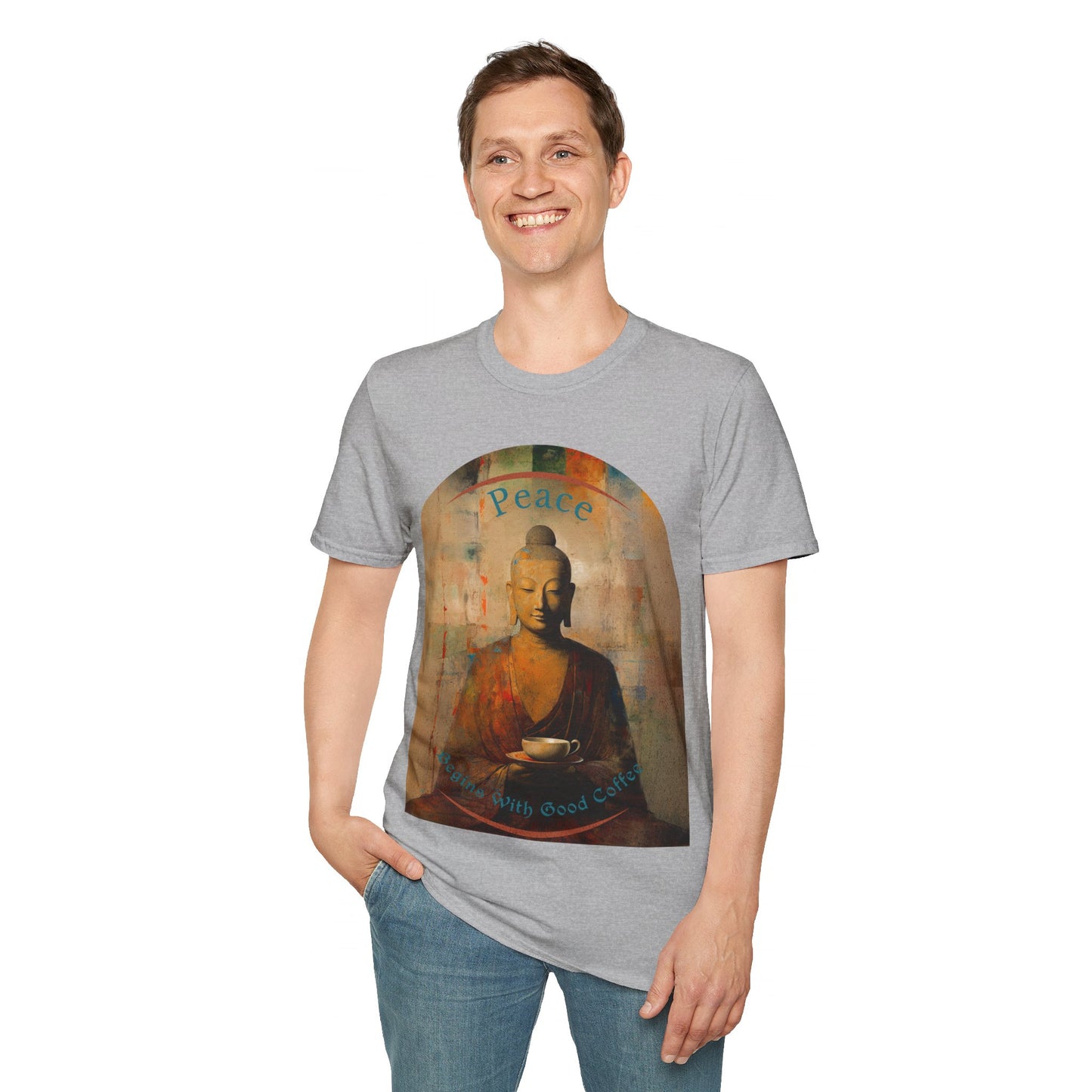 Coffee Lover Peace Gift, Peace Begins with Good Coffee Buda Buddha Budda Unisex Jersey Short Sleeve Tee Shirt, Softstyle T-Shirt Men Woman