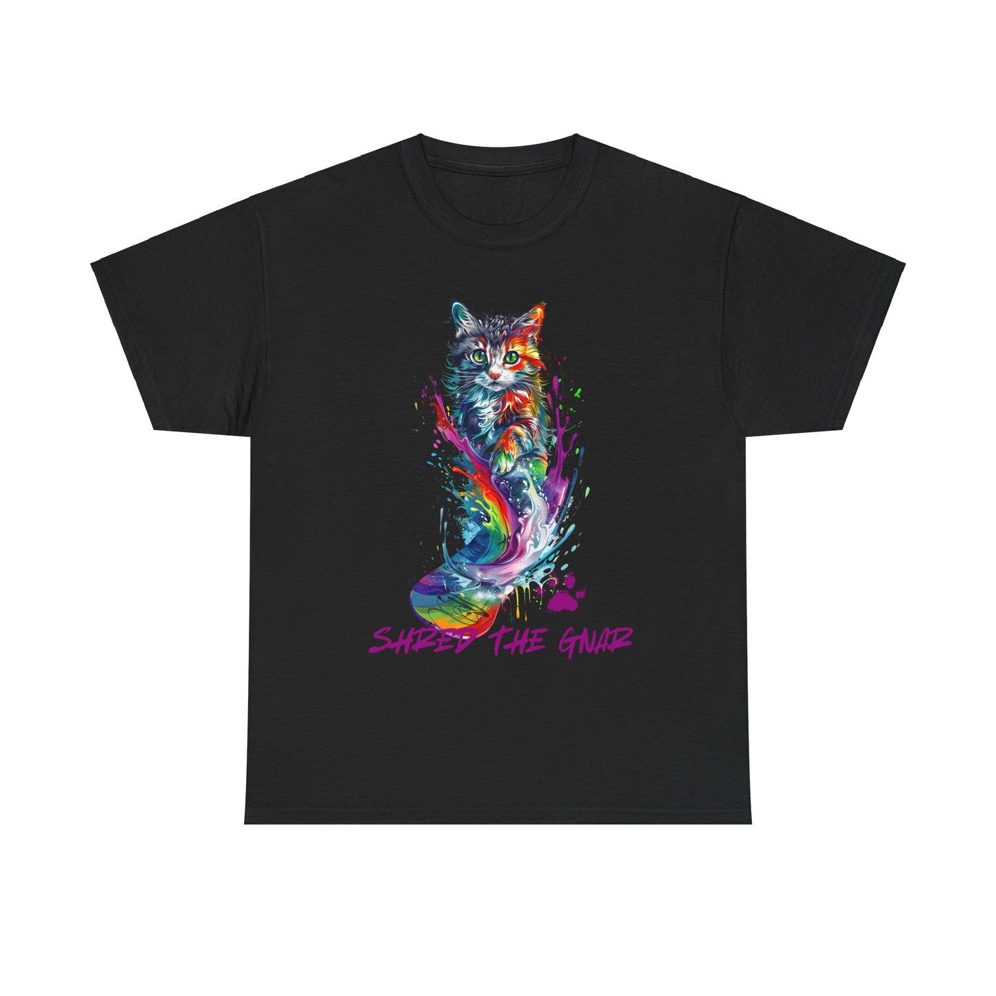 Shred the Gnar Snowboard Cat Graphic Tee, Winter Cat Art Gift - Cool Cats Unisex Heavy Cotton Tee T-Shirt