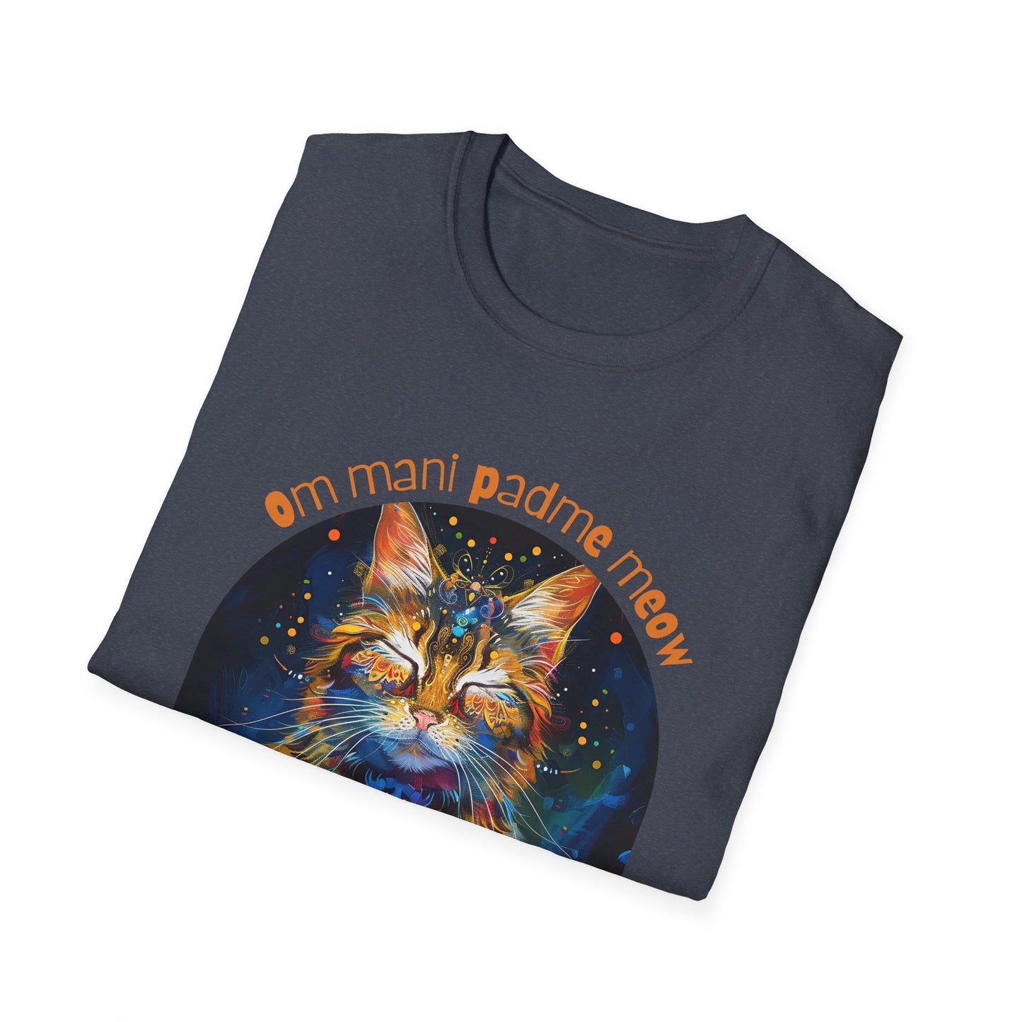 Om Mani Padme Meow (Ver 3) - Meditating Cat Shirt, Cat Lover's Graphic Tee Graphic Unisex T- Shirt, T-Shirt Cat Lovers Gift Softstyle T-Shirt Tee Teeshirt Stylized Cat