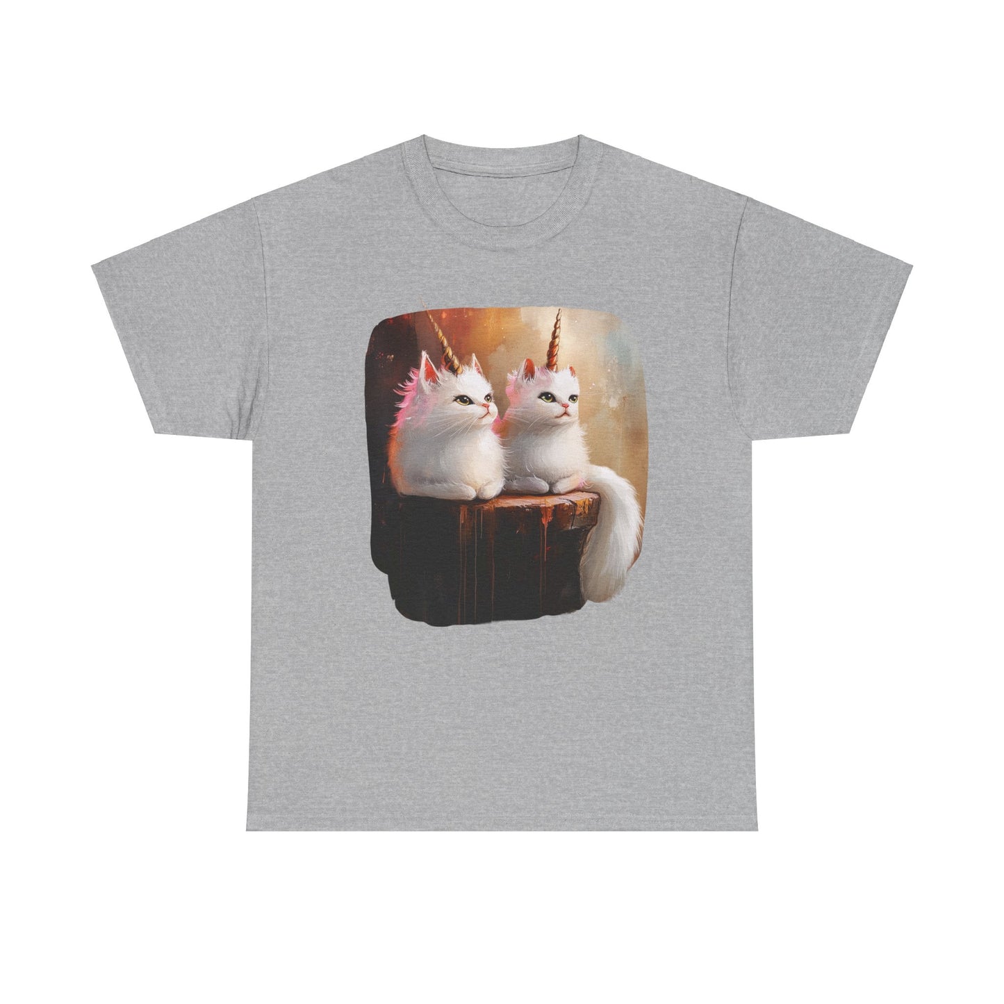 Fluffy White Kawaii Unicorn Cat Graphic Tee - Cat Unicorn Mythical Creature Gift Unisex Adult Size Heavy Cotton Tee T-Shirt