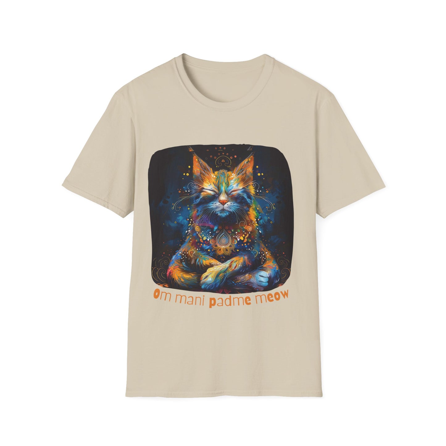 Mani Padme Meow (Version 2) - Meditating Cat Shirt, Cat Lover's Graphic Tee Graphic Unisex T- Shirt, T-Shirt Cat Lovers Gift Softstyle T-Shirt Tee Teeshirt Stylized Cat