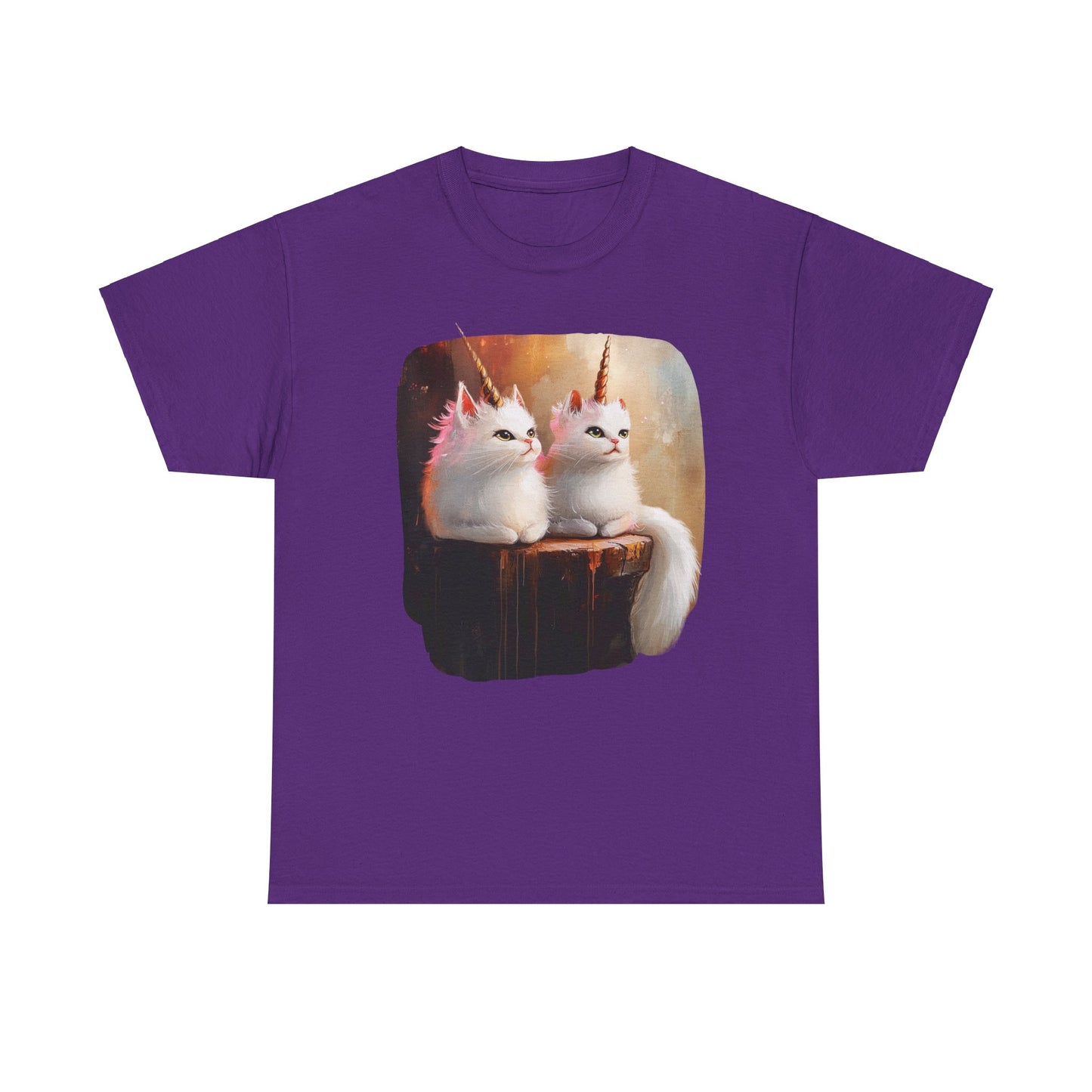 Fluffy White Kawaii Unicorn Cat Graphic Tee - Cat Unicorn Mythical Creature Gift Unisex Adult Size Heavy Cotton Tee T-Shirt