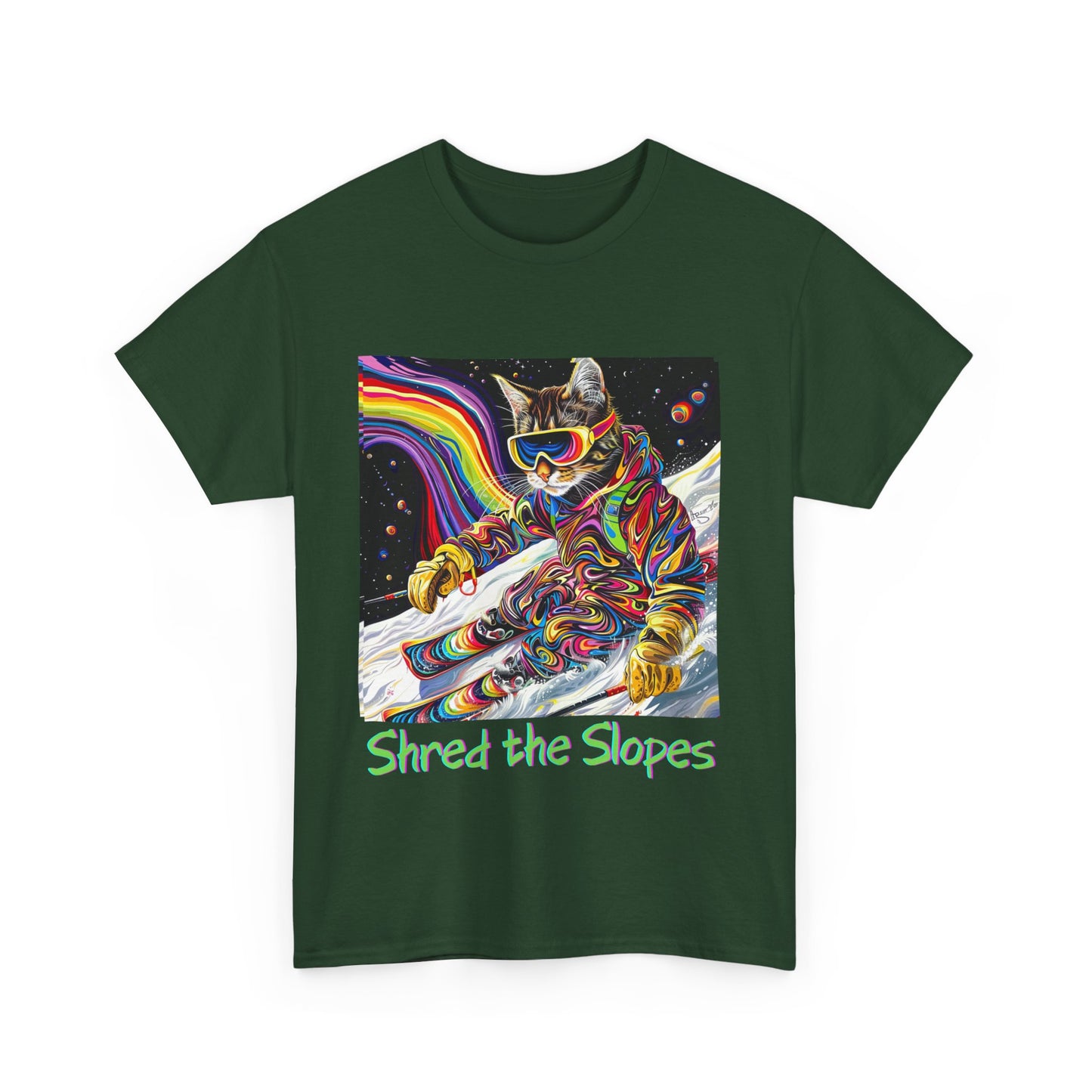 Shred the Slopes - Ski, Snow, Snowboard Winter Sports Cat Cat Art Graphic Tee, Ski Gift - Cool Cats Unisex Heavy Cotton Tee T-Shirt