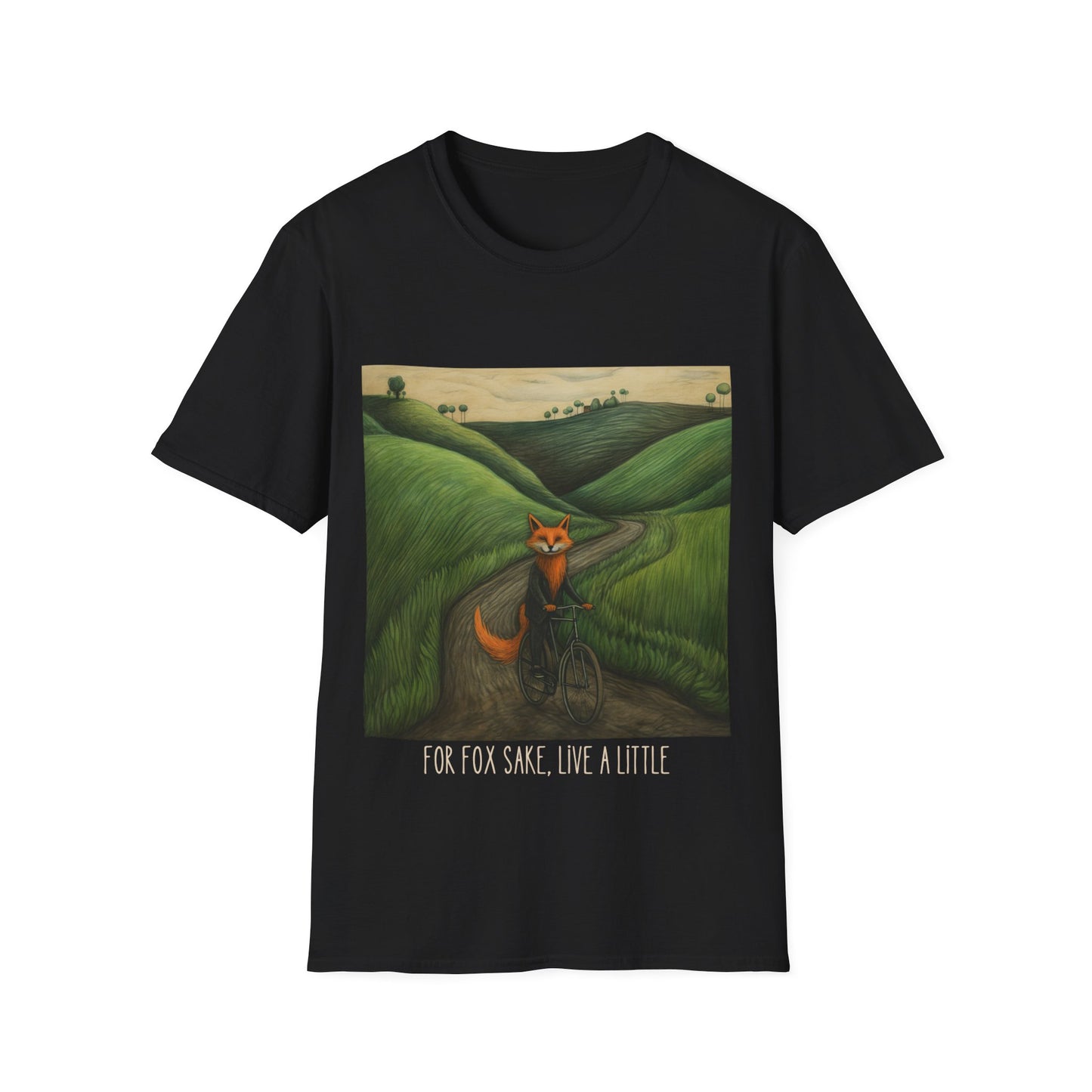 For Fox Sake, Live a Little - Red Fox on a Bicycle- Fox or Cycling Lover's Gift Unisex Tee Shirt, T-Shirt, Fox Lovers Gift Softstyle T-Shirt Tee Teeshirt