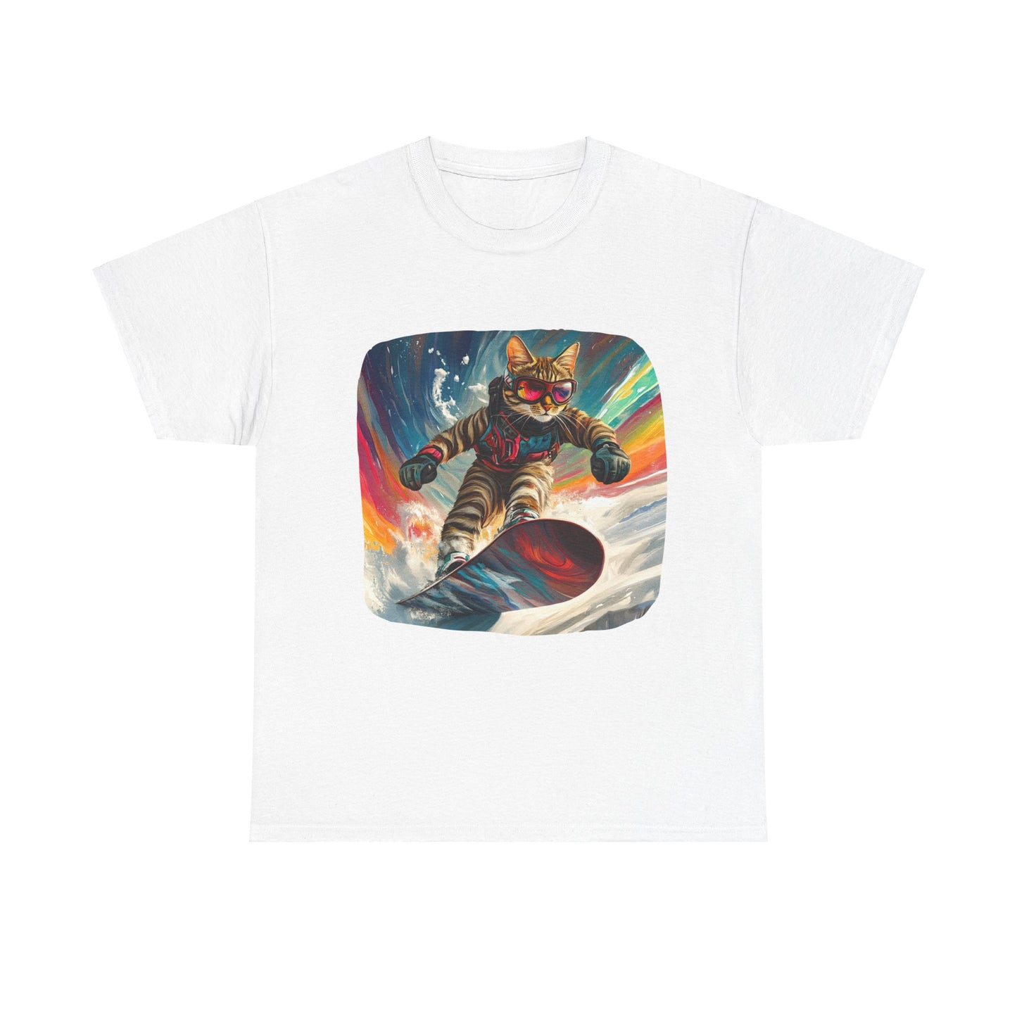 Snowboard Cat, (V2) Winter Apres Ski Cat Art Gift - Cool Cats Unisex Heavy Cotton Tee T-Shirt