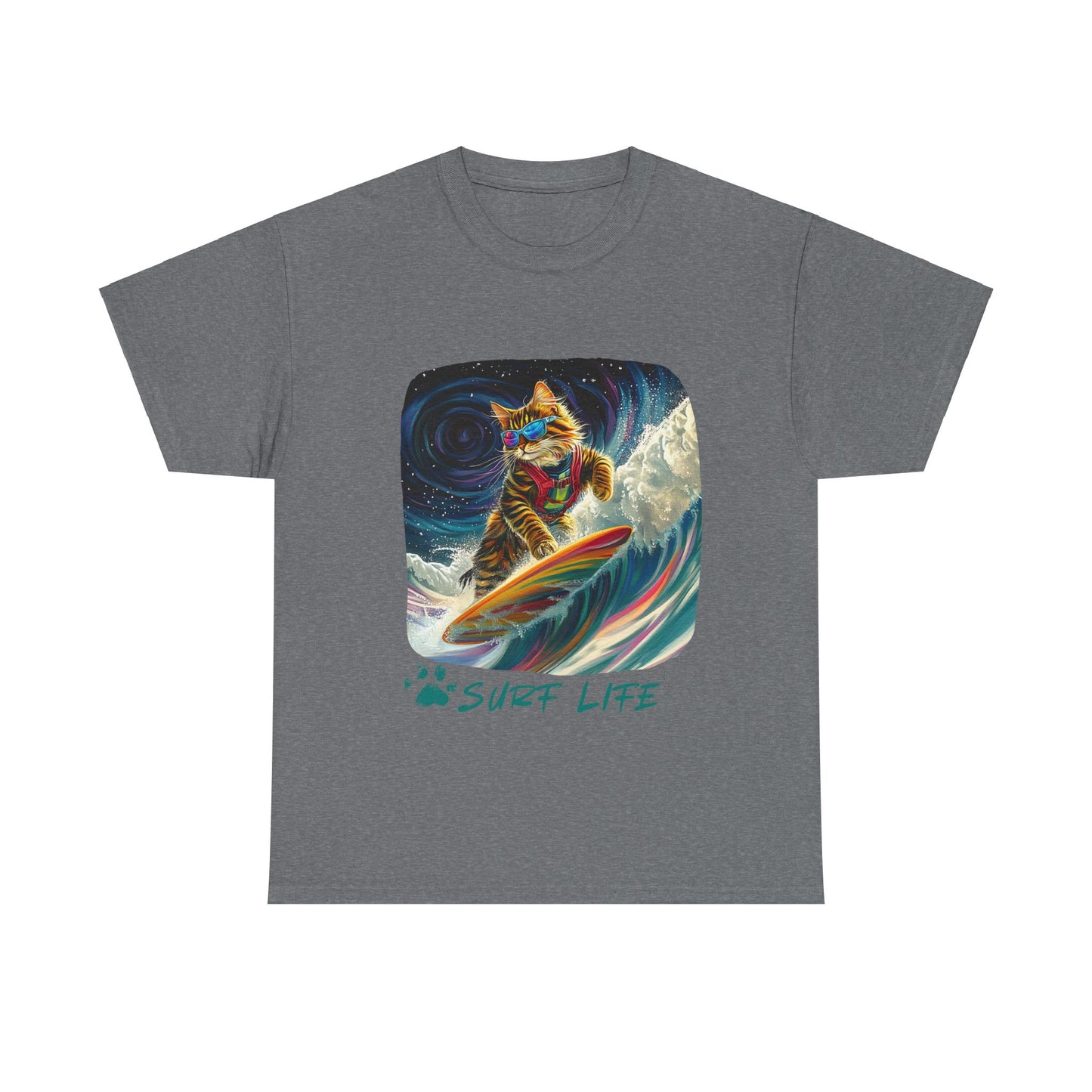 Surf LIfe - Surfer Surfing Cat Graphic Tee, Cat on Surfboard - Shirt reads "Surf Life" Cats Art Gift - Cool Cats Unisex Heavy Cotton Tee T-Shirt