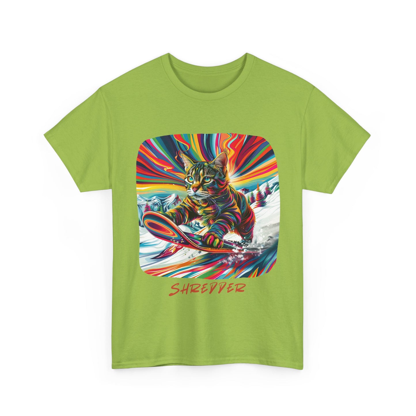 Shredder Snowboard Cat Graphic Tee - Extreme Winter Sports Ski Cat Art Gift - Cool Cats Unisex Heavy Cotton Tee T-Shirt