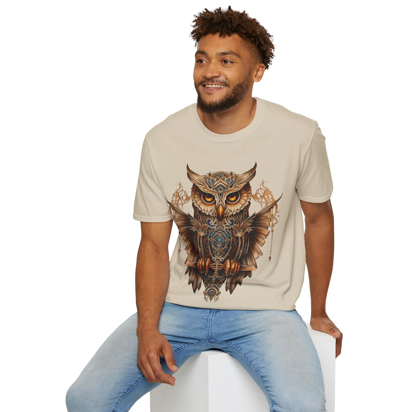 Art Deco Style Owl, Golden Owl Shirt, 1920's Steampunk Owl Christmas Gift Unisex Tee Shirt, T-Shirt Softstyle T-Shirt Tee Teeshirt