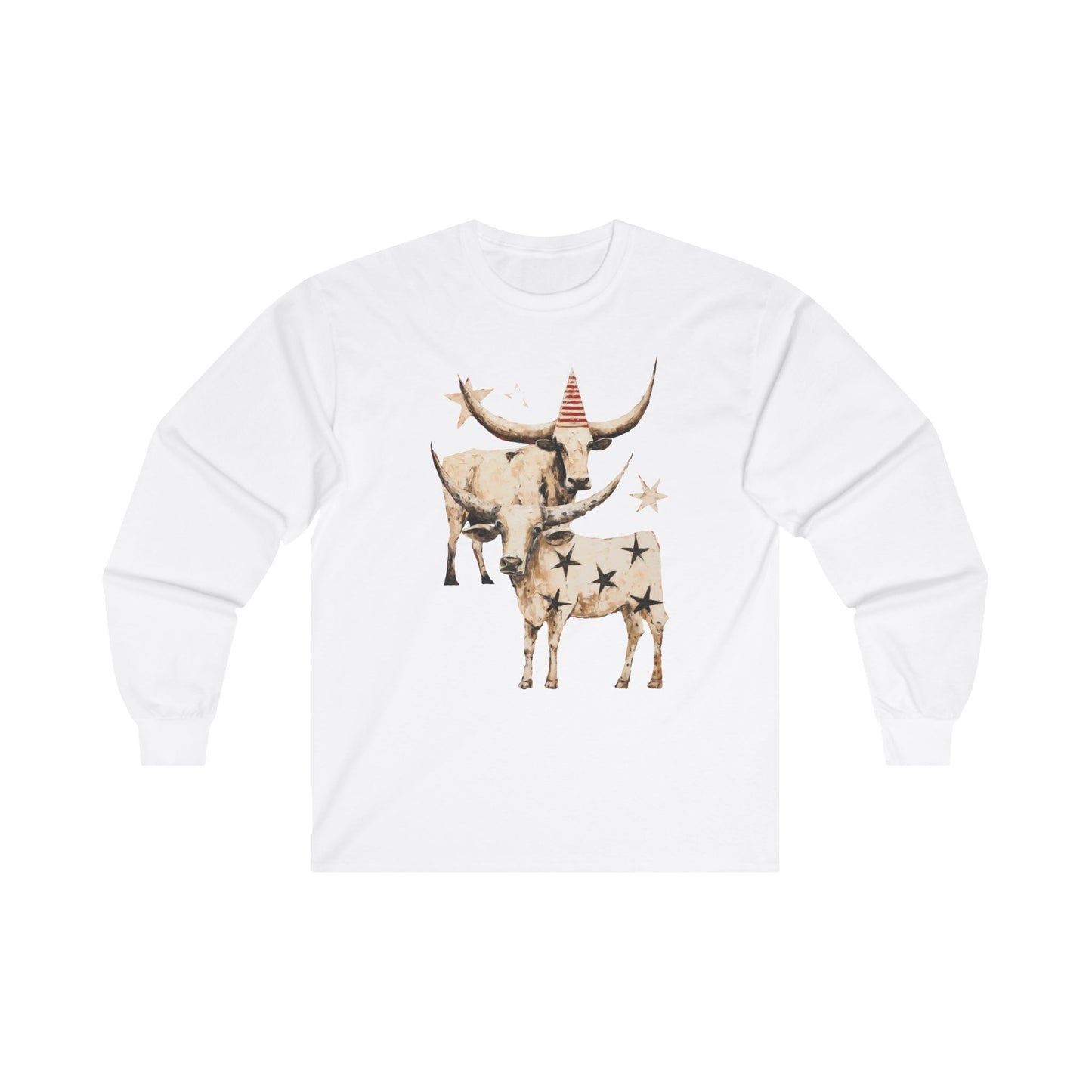 Texas Longhorn Cattle Graphic Tee, Oklahoma Cattle Country, Rodeo Gift, Cow Stars Long Sleeve T-shirt Ultra Cotton Long Sleeve Tee T-Shirt