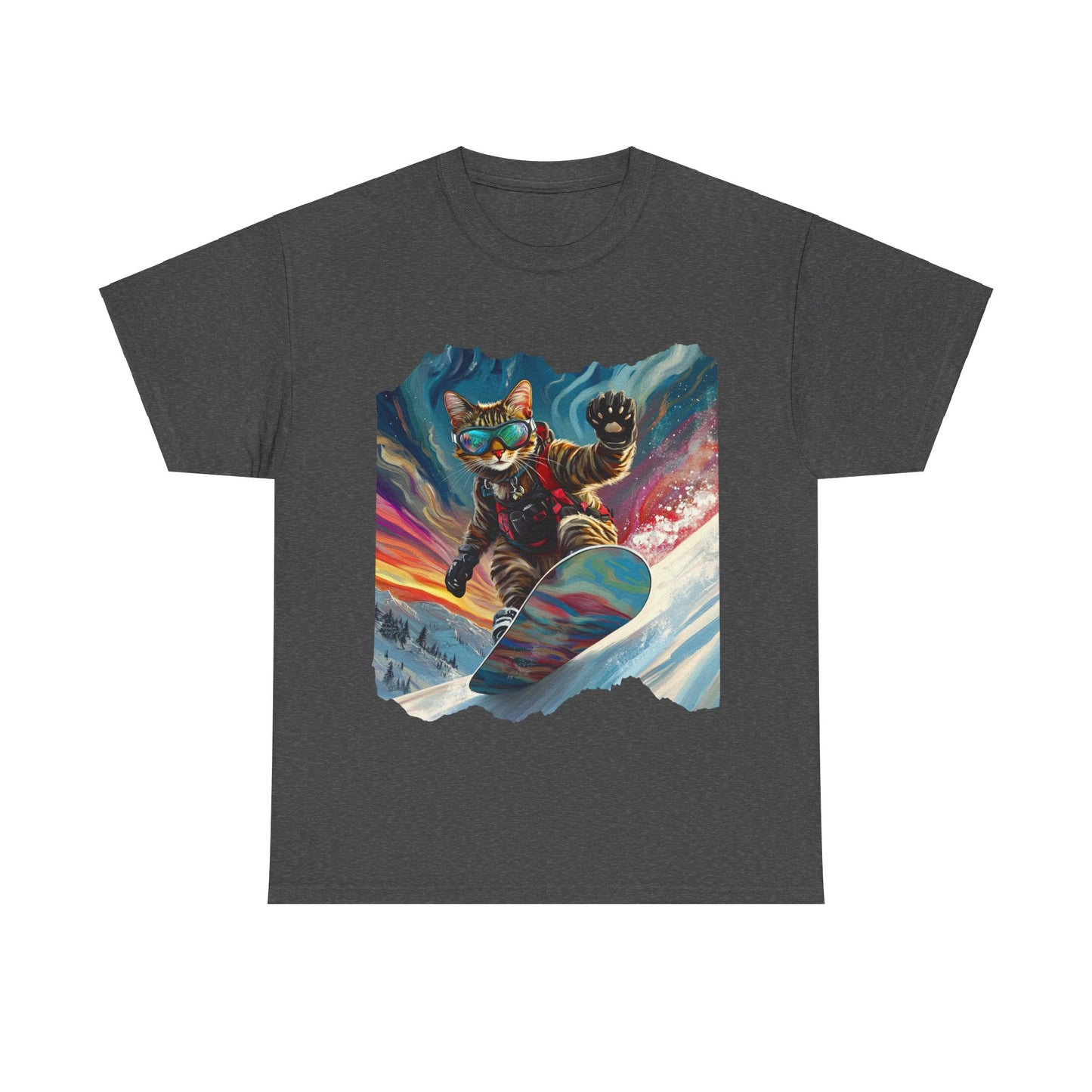 Snowboard Cat, Winter Ski Cat Art Gift - Cool Cats Unisex Heavy Cotton Tee T-Shirt