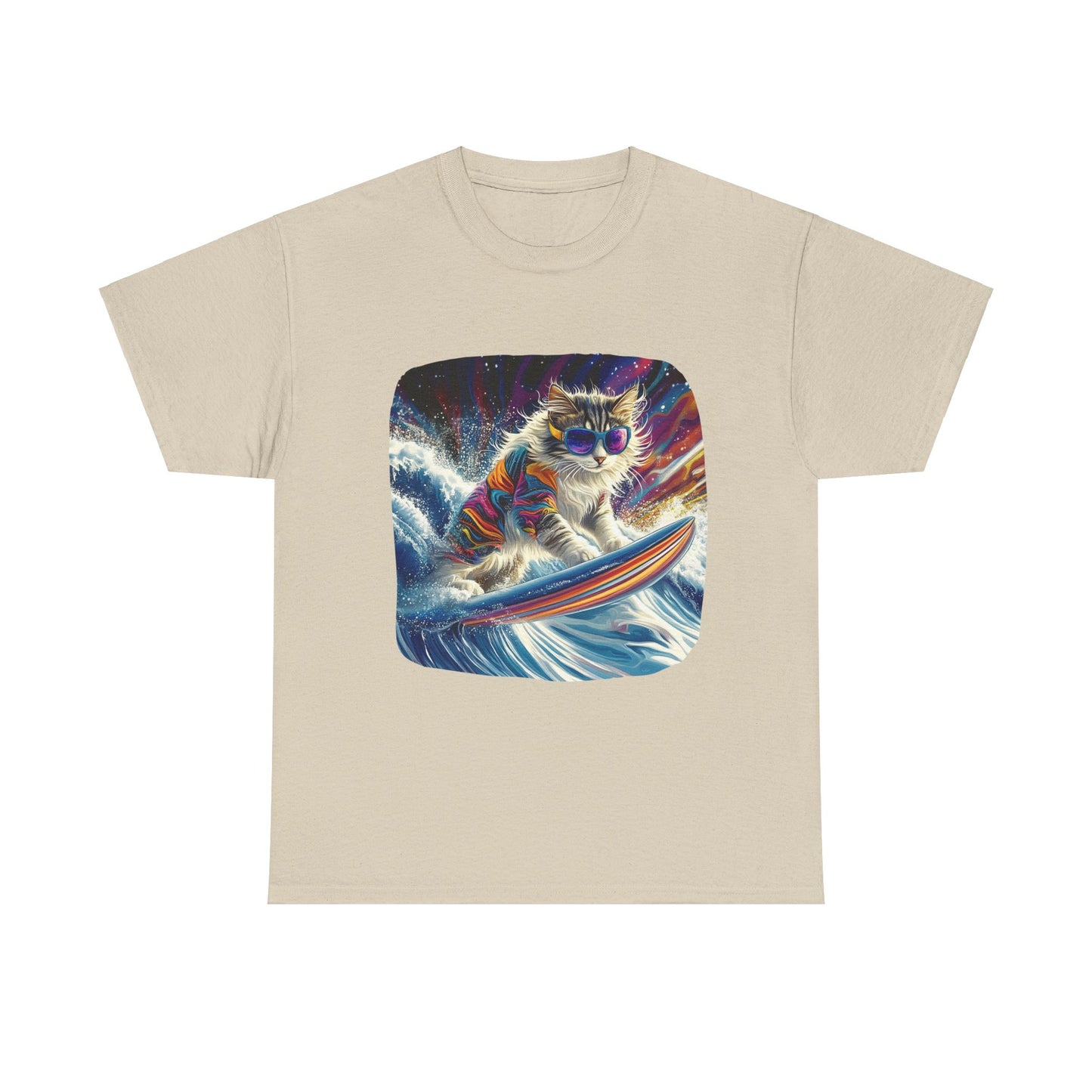 Rip Girl Surfing Surfer Cat, Cat on Surfboard Graphic Tee- Water Sports Cat (V1) Cat Art Gift - Cool Cats Unisex Heavy Cotton Tee T-Shirt