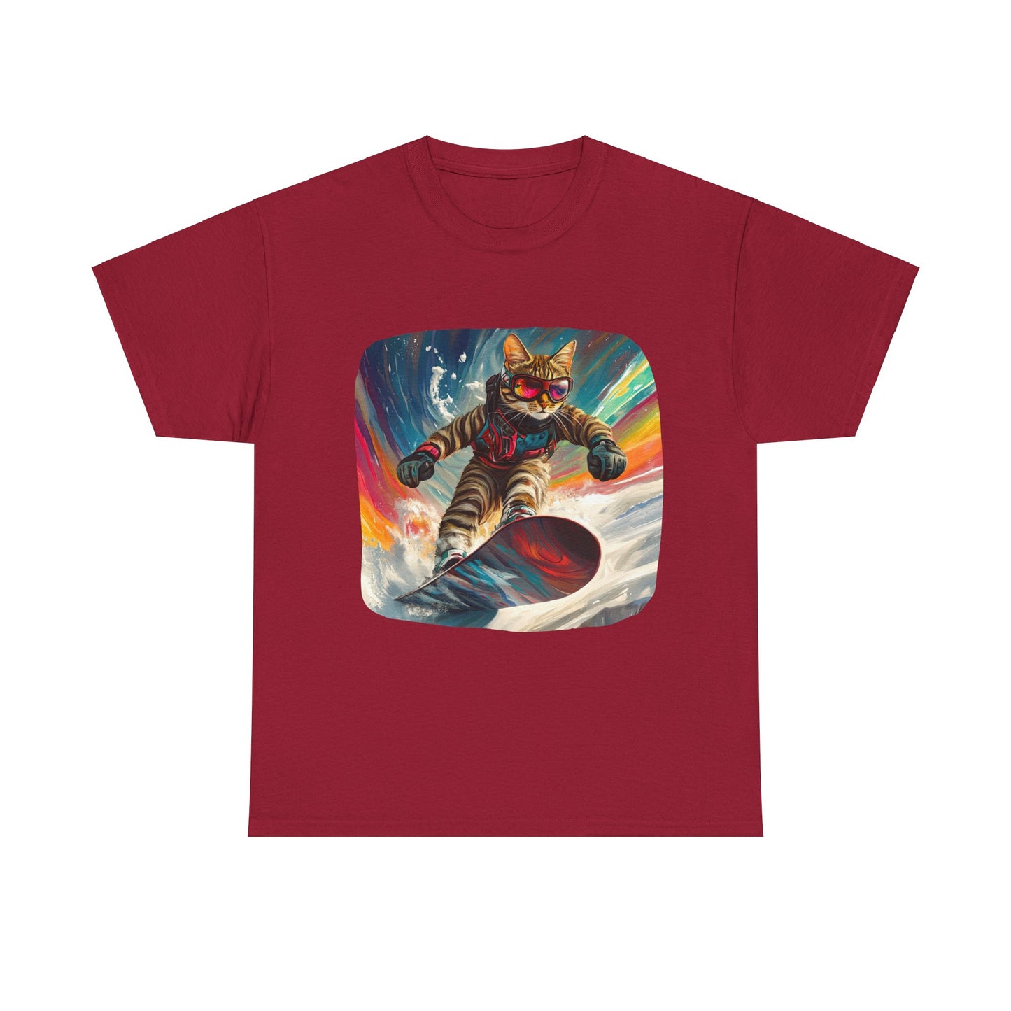 Snowboard Cat, (V2) Winter Apres Ski Cat Art Gift - Cool Cats Unisex Heavy Cotton Tee T-Shirt