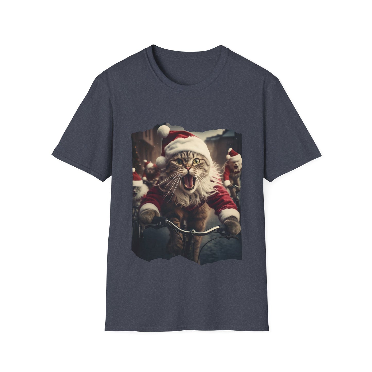 Screaming Cats on Bikes Holiday Christmas Cat Shirt, Cat Lover's Graphic Tee Graphic Unisex T- Shirt, T-Shirt Cat Lovers Gift Softstyle T-Shirt Tee Christmas JumperTeeshirt Stylized Cat