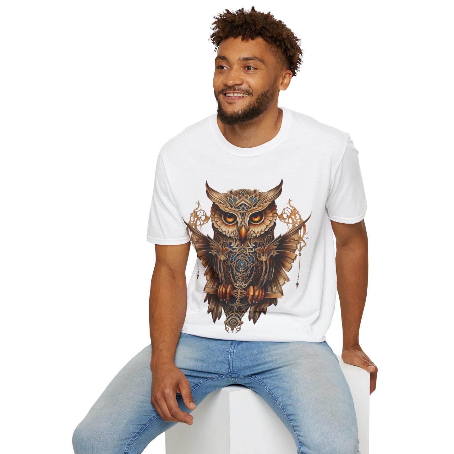 Art Deco Style Owl, Golden Owl Shirt, 1920's Steampunk Owl Christmas Gift Unisex Tee Shirt, T-Shirt Softstyle T-Shirt Tee Teeshirt