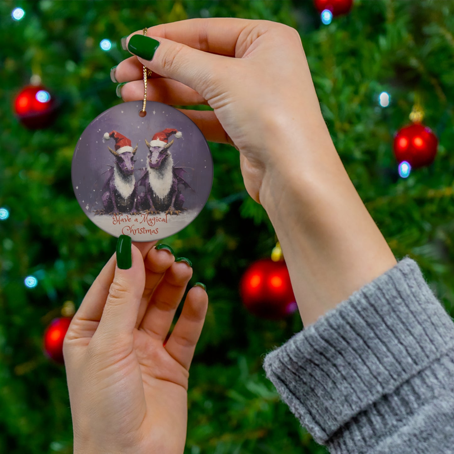 Magical Christmas Purple Dragons - Christmas Dragons Ceramic Christmas Ornament - Seasons Dragons Magical Dragon Dinosaur Kids Ornament Gift