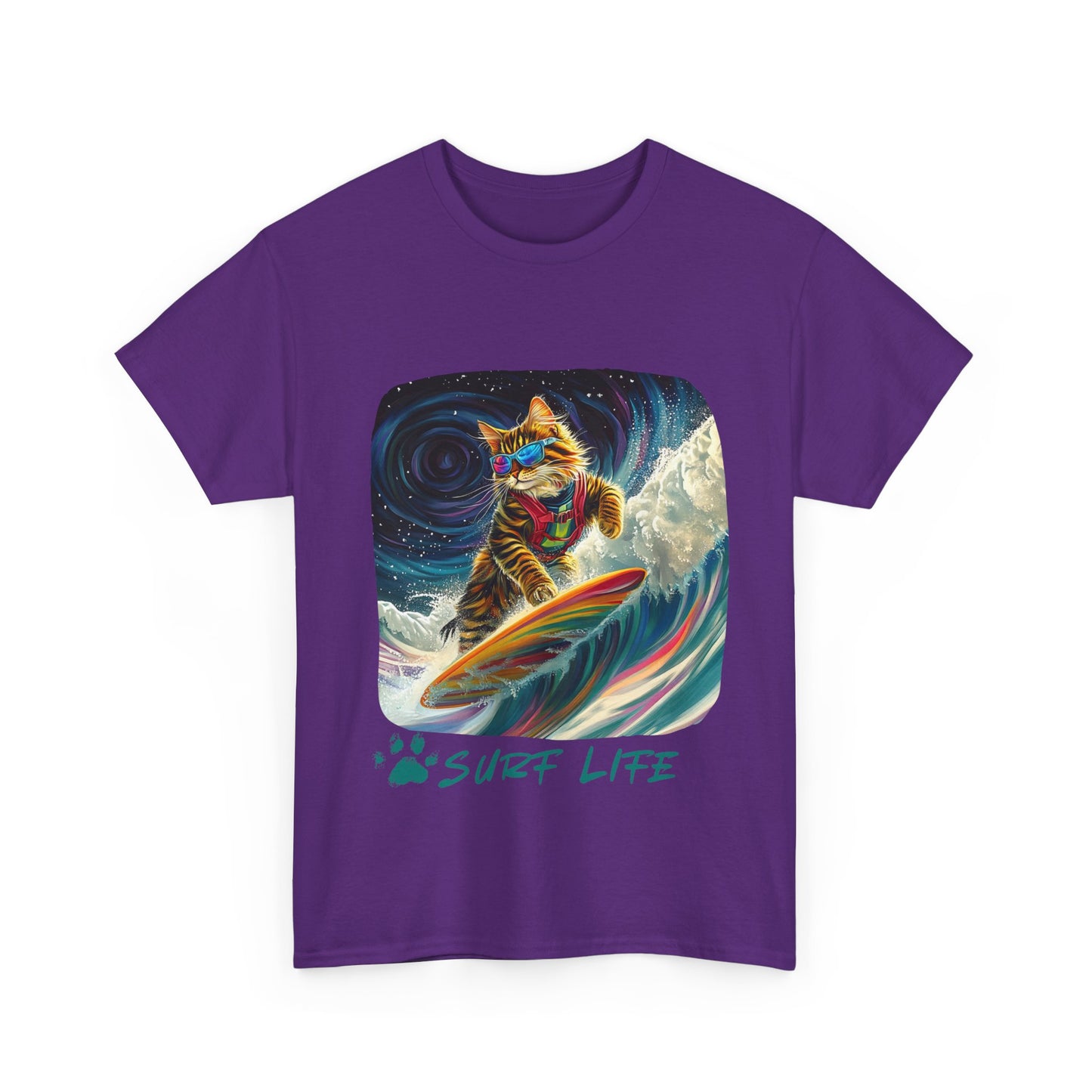Surf LIfe - Surfer Surfing Cat Graphic Tee, Cat on Surfboard - Shirt reads "Surf Life" Cats Art Gift - Cool Cats Unisex Heavy Cotton Tee T-Shirt