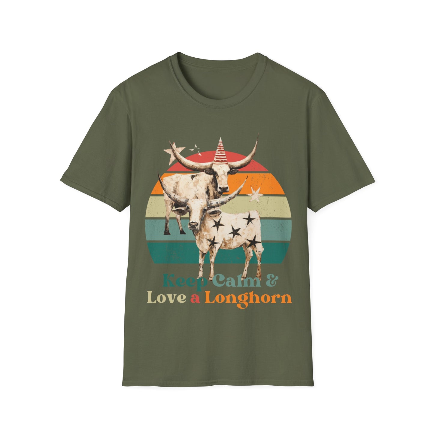 Retro Longhorn Texas Style "Keel Calm & Love a Longhorn" Cattle, Rodeo, Texas Star, Graphic T-Shirt, Texas Softstyle Unisex Tee Shirt - 60s 70s Vibe- Keep Calm Shirt