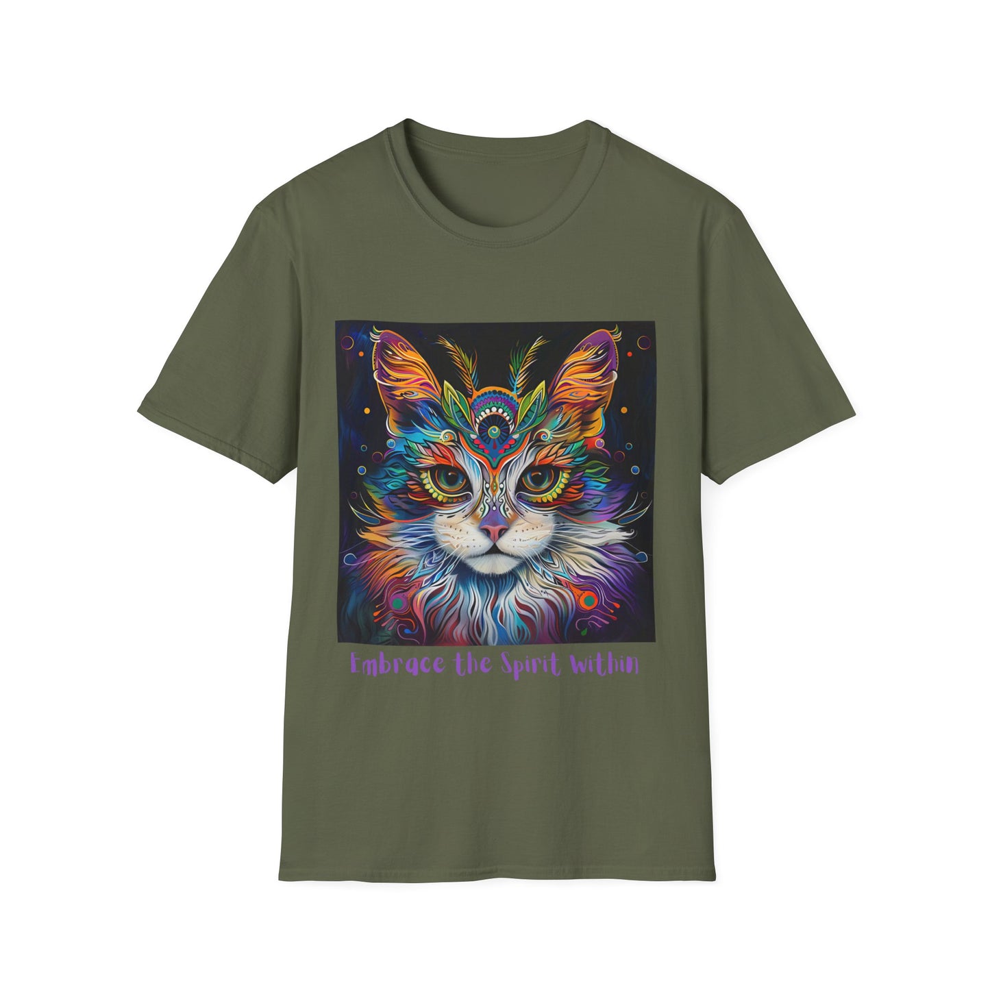 "Embrace the Spirit Within" Cat Shaman Graphic Cat Tee, Cat Lover's Graphic Tee Graphic Unisex T- Shirt, T-Shirt Cat Lovers Gift Softstyle T-Shirt Tee Teeshirt Stylized Cat