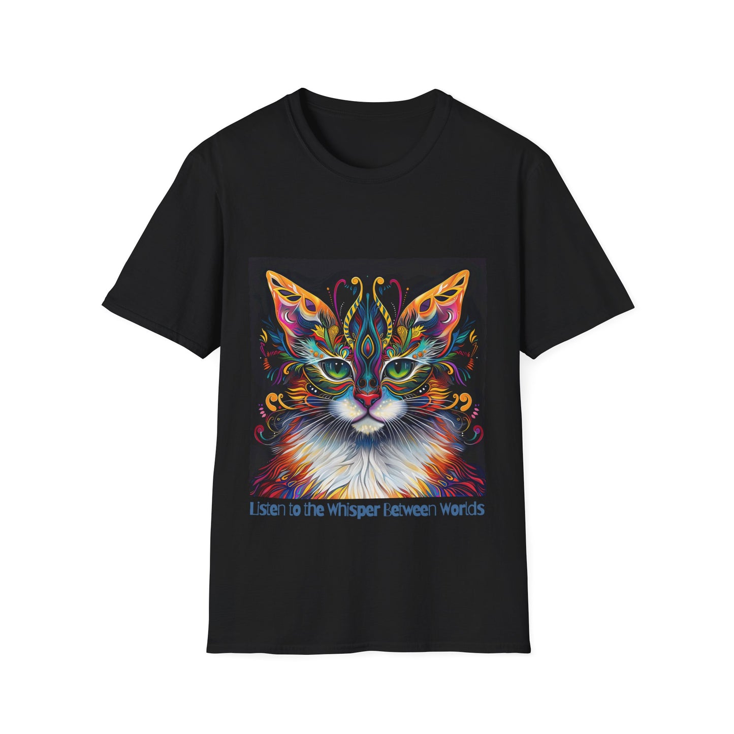 Listen to the Whisper Between Worlds- Shaman Graphic Cat Tee, Cat Lover's Graphic Tee Graphic Unisex T- Shirt, T-Shirt Cat Lovers Gift Softstyle T-Shirt Tee Teeshirt Stylized Cat