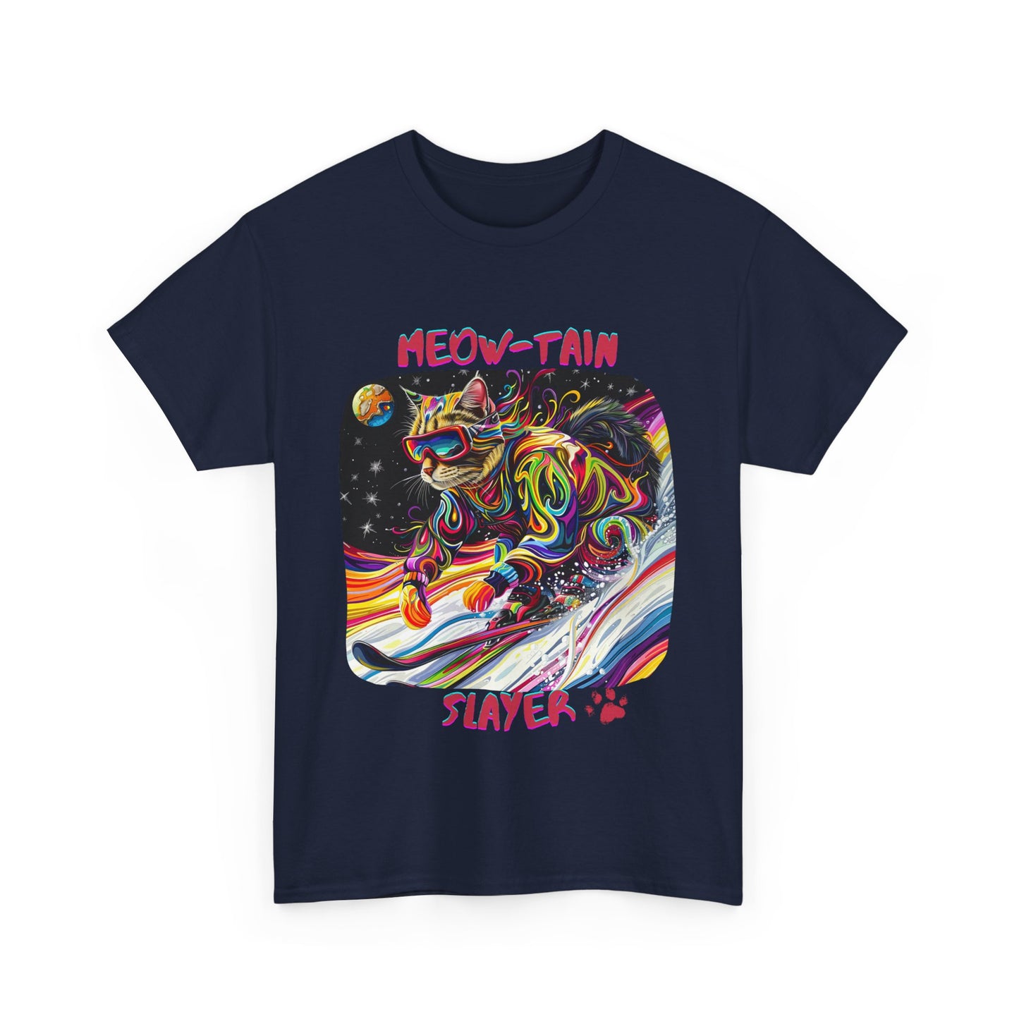 Meow-tain Slayer - Ski, Snow, Snowboard Winter Sports Cat Cat Art Graphic Tee, Ski Gift - Cool Cats Unisex Heavy Cotton Tee T-Shirt