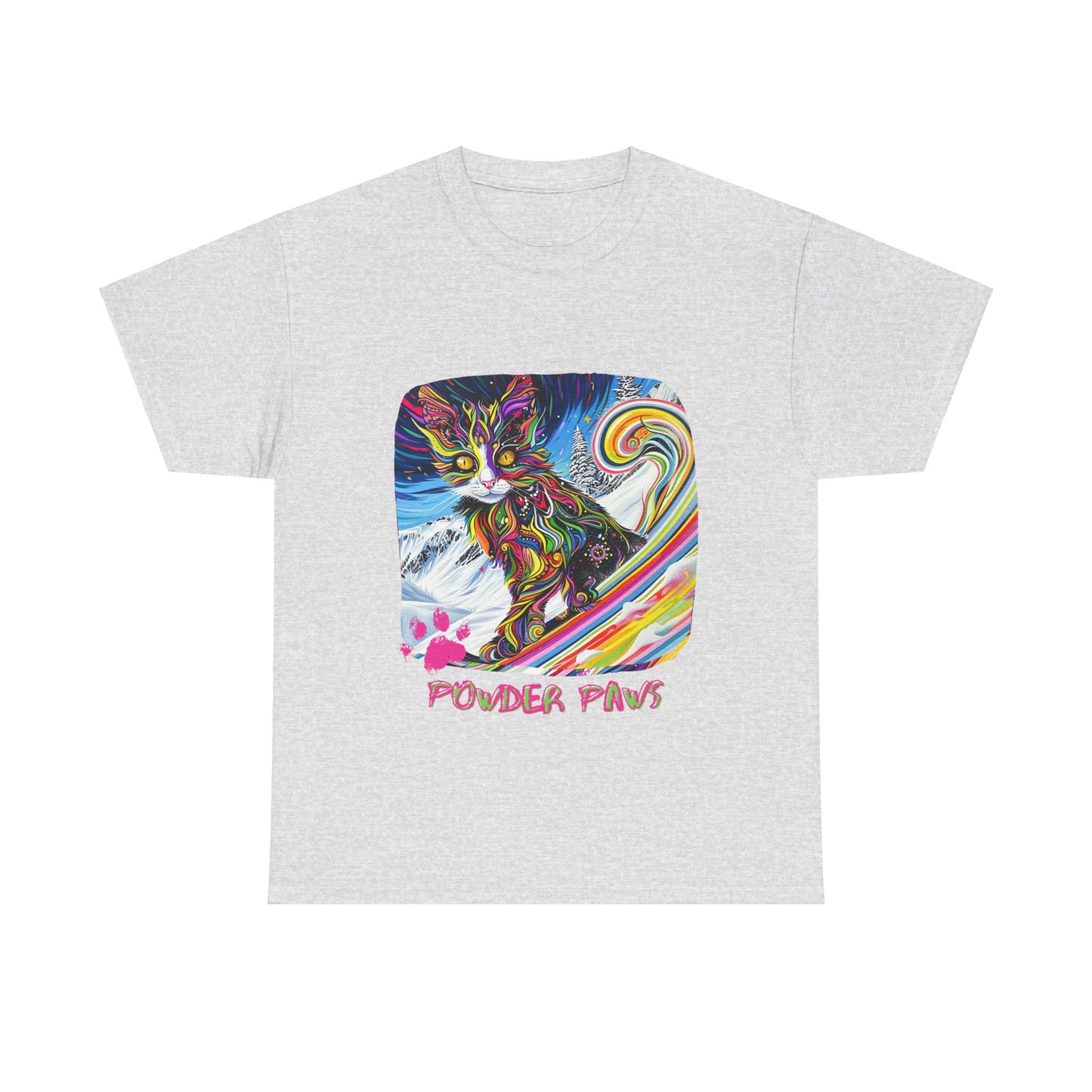 Powder Paws Snow, Snowboard Winter Sports Cat - Cat Art Graphic Tee, Ski Gift - Cool Cats Unisex Heavy Cotton Tee T-Shirt