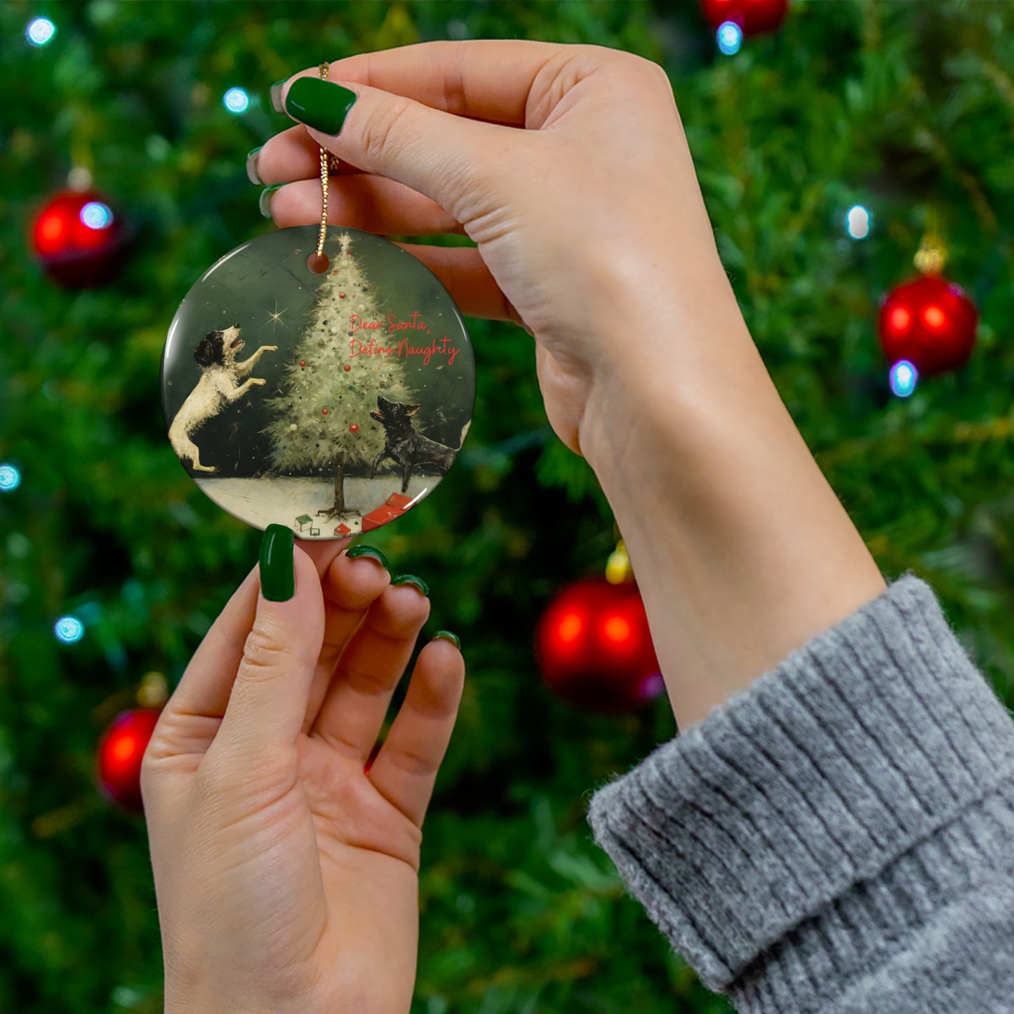 Dog and Tree... Dog Lover, Dog Owner, Dog Parent Keepsake Ornament, Ceramic Christmas Ornament, Dear Santa, Define Naughty