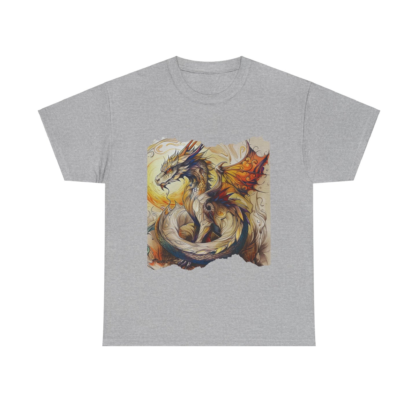 Dragons Yellow Sun Graphic Tee - Dragons and Ancestors - Dragon Lovers Unisex Heavy Cotton Tee T-Shirt