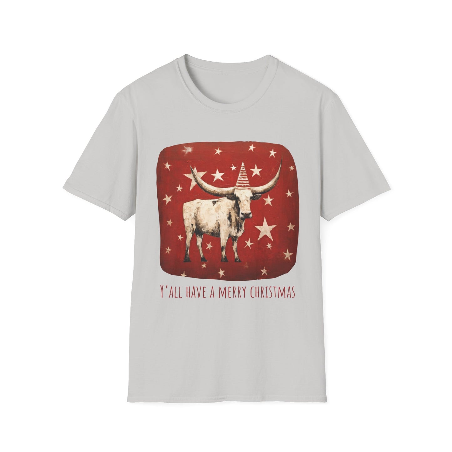 "Y'all Have a Merry Christmas" Southern Christmas Greeting, Longhorn Cattle Rodeo Shirt, Longhorn Cattle Texas Oklahoma Gift Unisex Tee Shirt, T-Shirt Graphic Tee T-Shirt