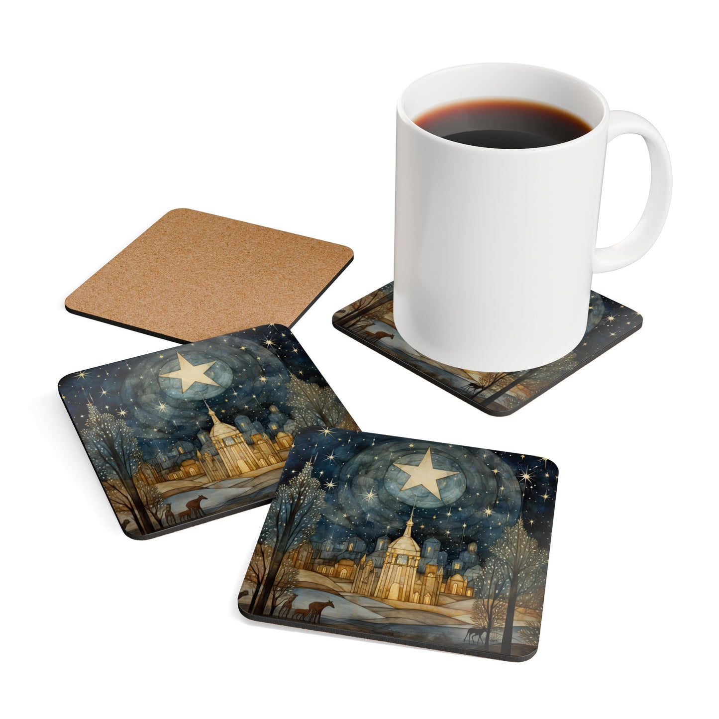 Winter Star, Starry Night Sky Folk Art Gift, Corkwood Coaster Set - Christmas Gift