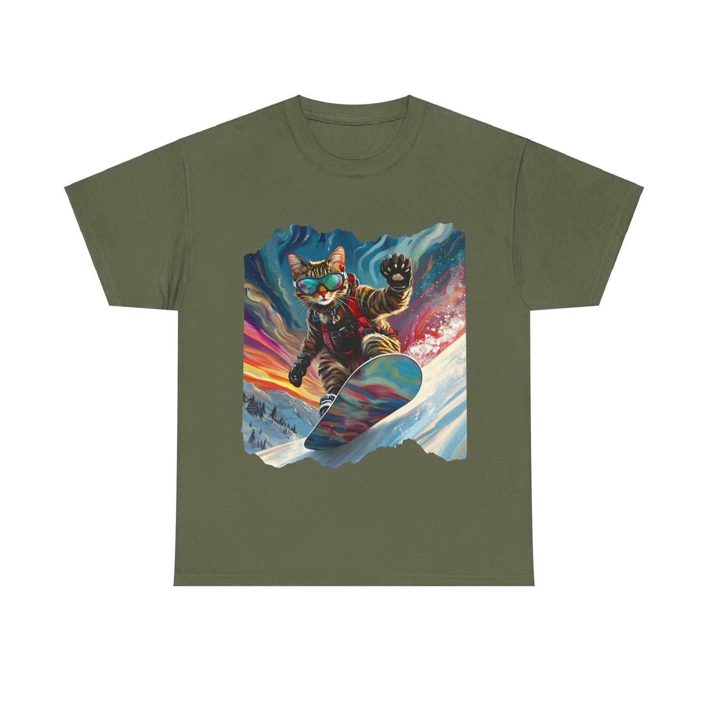 Snowboard Cat, Winter Ski Cat Art Gift - Cool Cats Unisex Heavy Cotton Tee T-Shirt