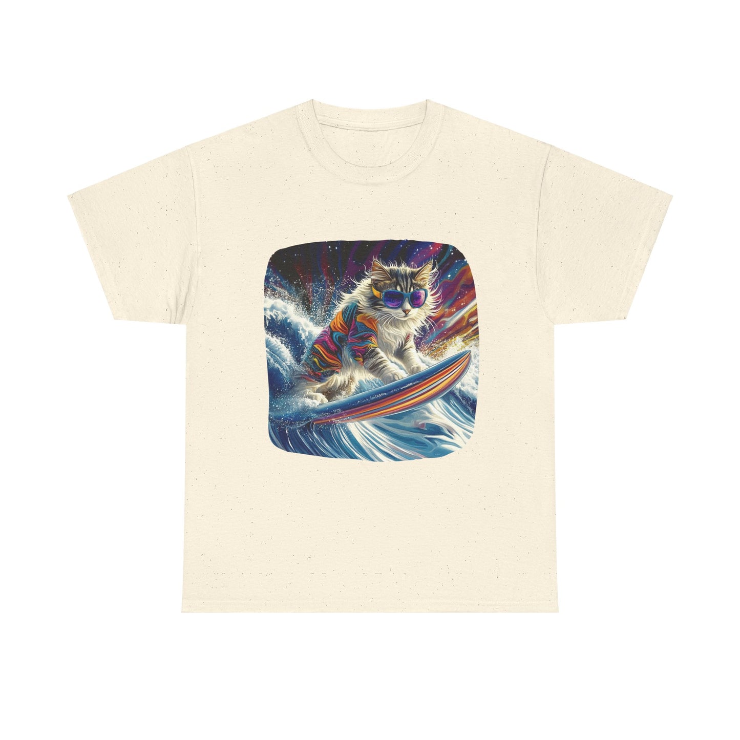 Rip Girl Surfing Surfer Cat, Cat on Surfboard Graphic Tee- Water Sports Cat (V1) Cat Art Gift - Cool Cats Unisex Heavy Cotton Tee T-Shirt