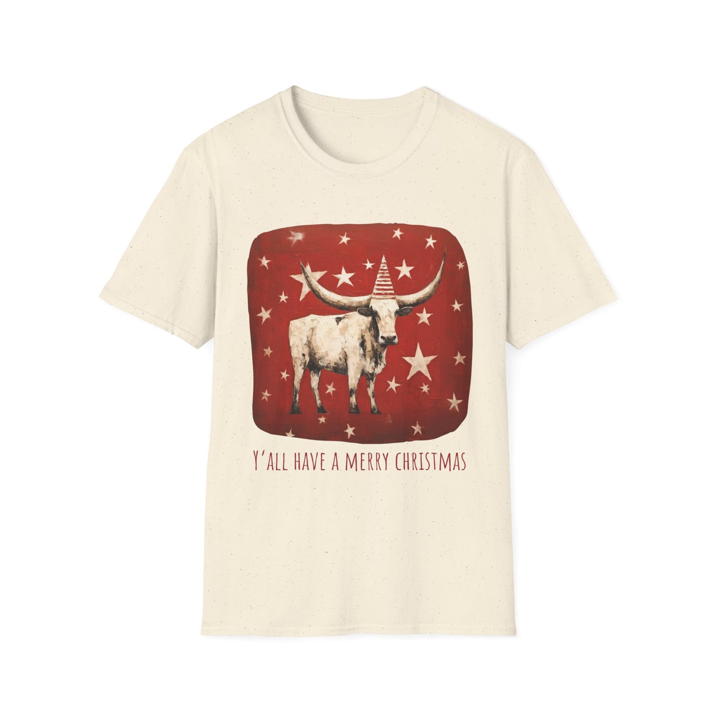 "Y'all Have a Merry Christmas" Southern Christmas Greeting, Longhorn Cattle Rodeo Shirt, Longhorn Cattle Texas Oklahoma Gift Unisex Tee Shirt, T-Shirt Graphic Tee T-Shirt