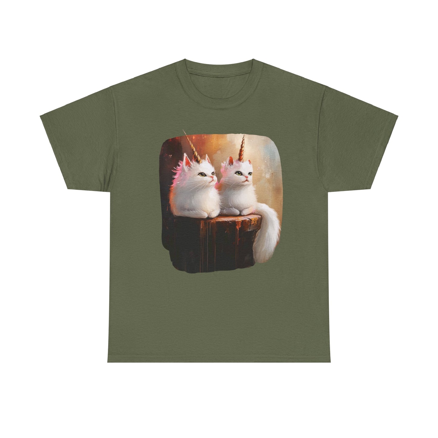 Fluffy White Kawaii Unicorn Cat Graphic Tee - Cat Unicorn Mythical Creature Gift Unisex Adult Size Heavy Cotton Tee T-Shirt