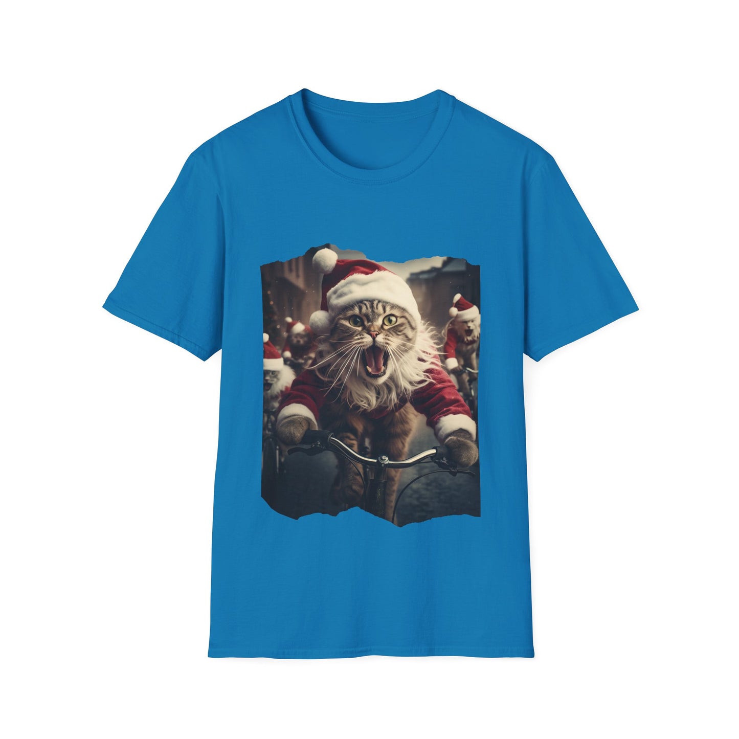 Screaming Cats on Bikes Holiday Christmas Cat Shirt, Cat Lover's Graphic Tee Graphic Unisex T- Shirt, T-Shirt Cat Lovers Gift Softstyle T-Shirt Tee Christmas JumperTeeshirt Stylized Cat