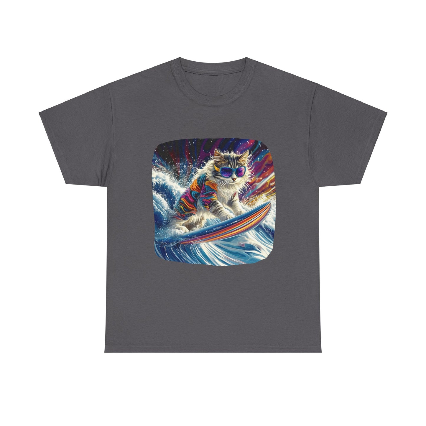 Rip Girl Surfing Surfer Cat, Cat on Surfboard Graphic Tee- Water Sports Cat (V1) Cat Art Gift - Cool Cats Unisex Heavy Cotton Tee T-Shirt