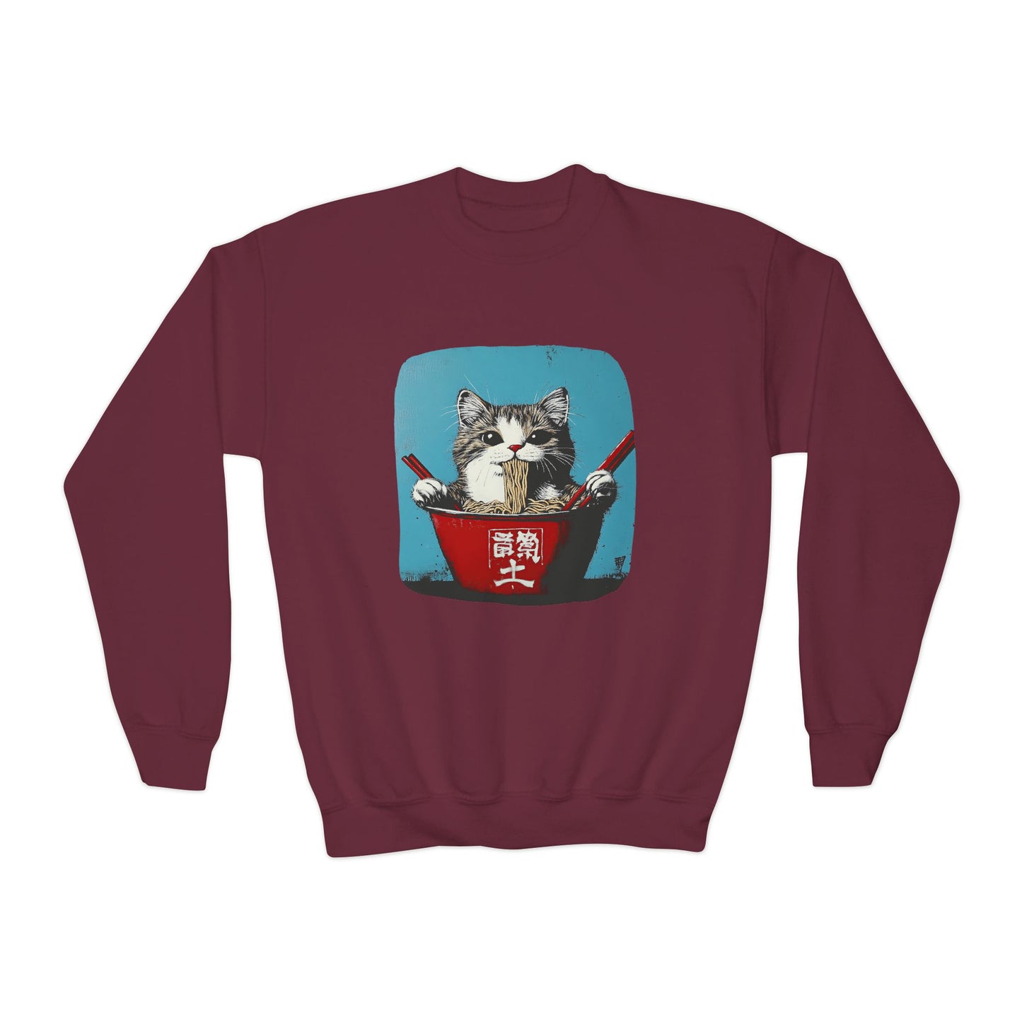 Ramen Bowl Cats for Kids Sweatshirt - Hungry Noodle Kitty Cat Youth Crewneck Sweatshirt -Christmas Cat Gift