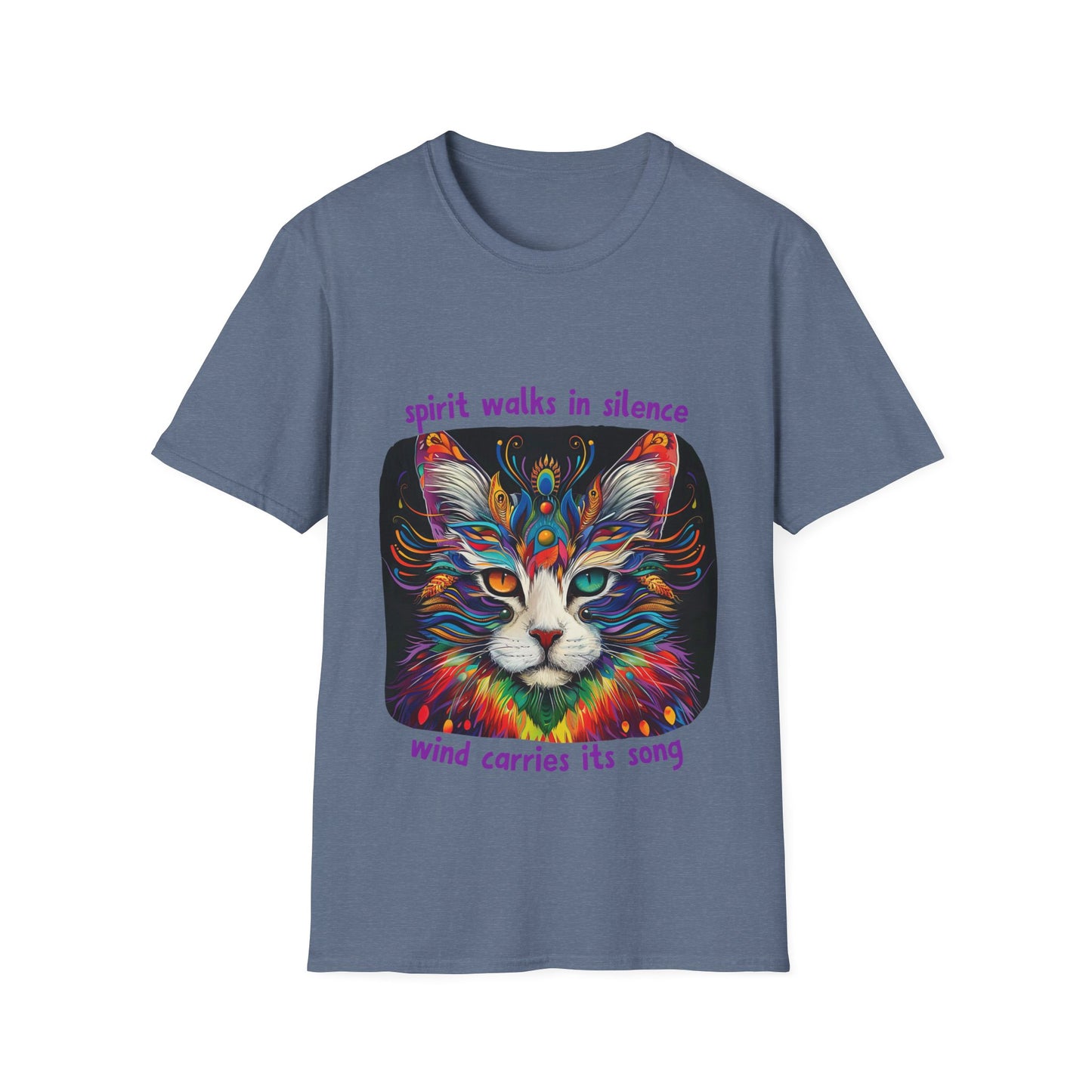Spirit Walks in Silence, Wind Carries its Song - Shaman Graphic Cat Tee, Cat Lover's Graphic Tee Graphic Unisex T- Shirt, T-Shirt Cat Lovers Gift Softstyle T-Shirt Tee Teeshirt Stylized Cat